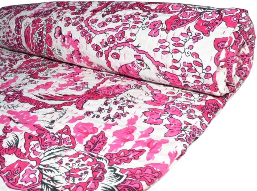 YUVANCRAFTS Kantha Bird Screen Print Cotton Quilt Indian Bedspreads (Pink)