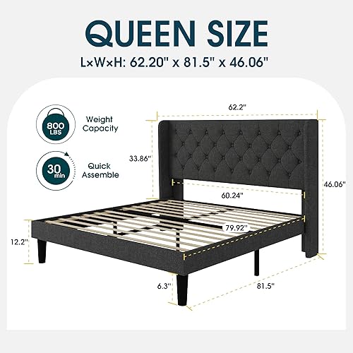 Miniatura 2 de WEEWAY Base de cama tapizada tamaño Queen con cabecera copetuda con respaldo de alas, plataforma moderna con soporte de listones de madera, fácil