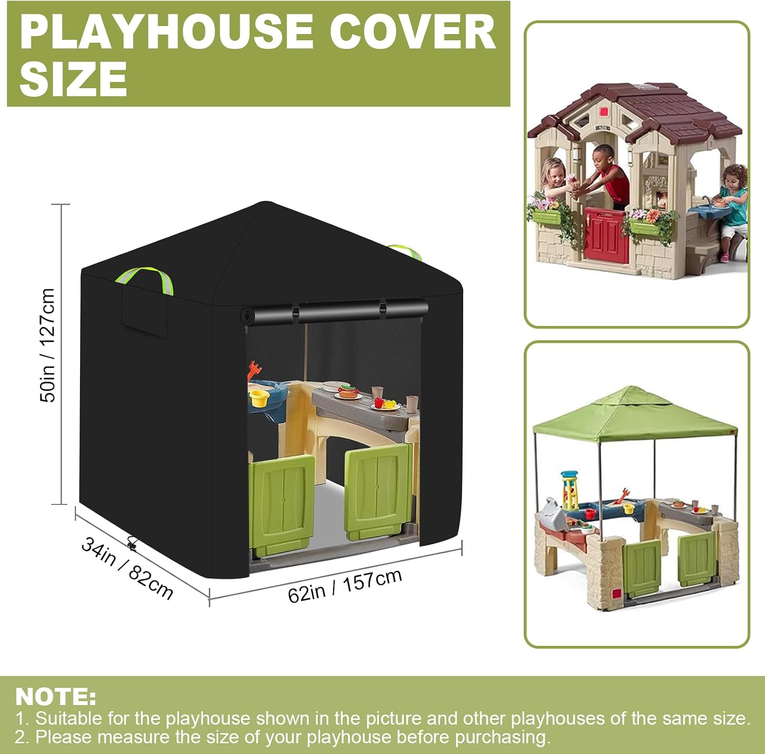 Kids Playhouse Cover, 600D Oxford Waterproof, Fits Step2, Black | UV & dustproof, reflective strips, windproof buckle, fits 56"x56"x60" playhouses, outdoor/backyard use.