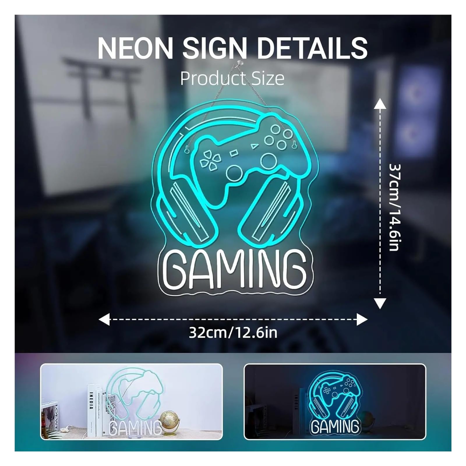 Wiszące neony artystyczne Neon "Gaming" USB Ściemnialna Lampa Do Pokoju Gier, Jaskinia Gracza, Klub Gier, Dekoracja Domu, 37 X 32 Cm