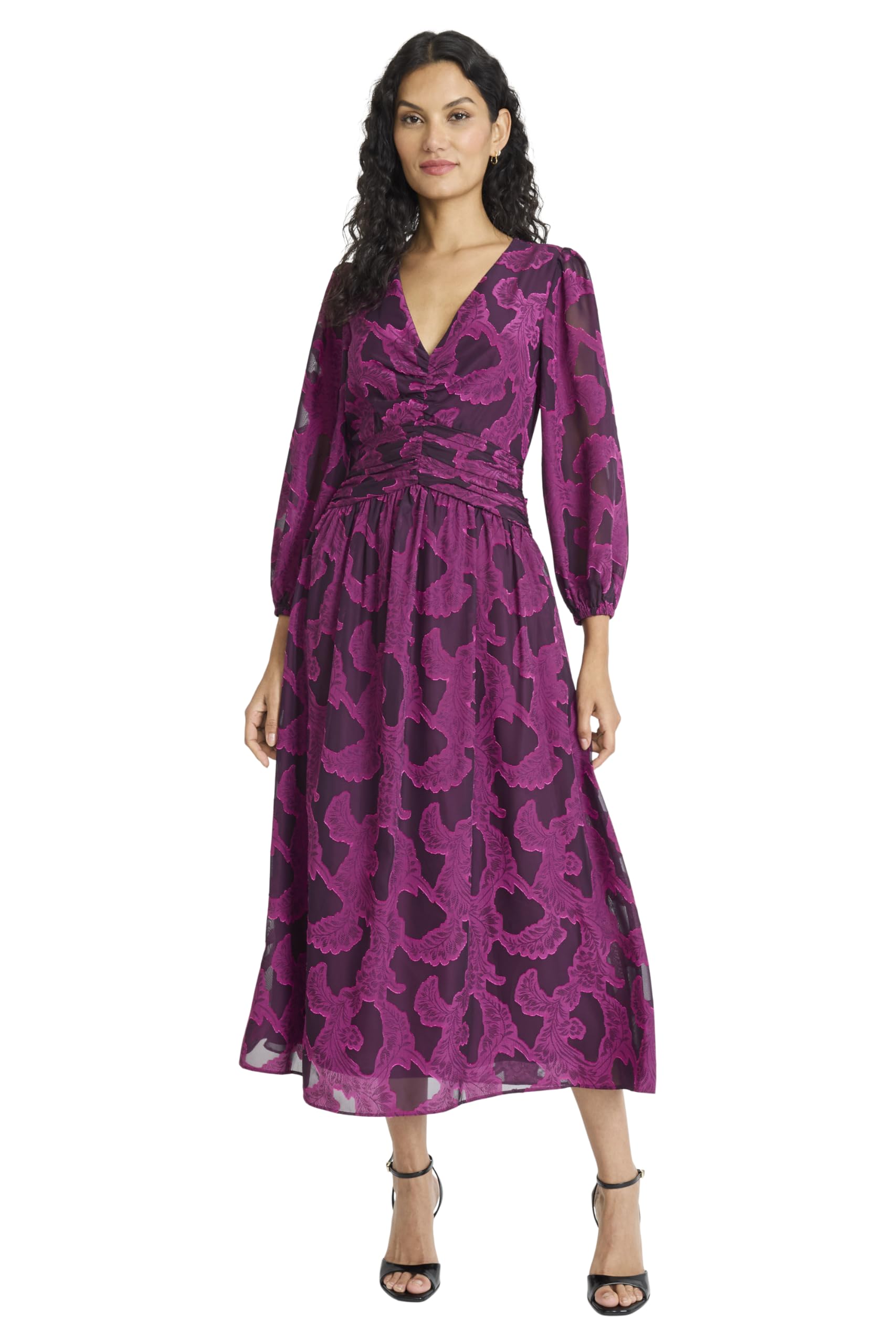 Maggy London Women's V Neck Wrap Midi Dress with 3/4 Sleeves - Elegant Wedding Guest Dresses