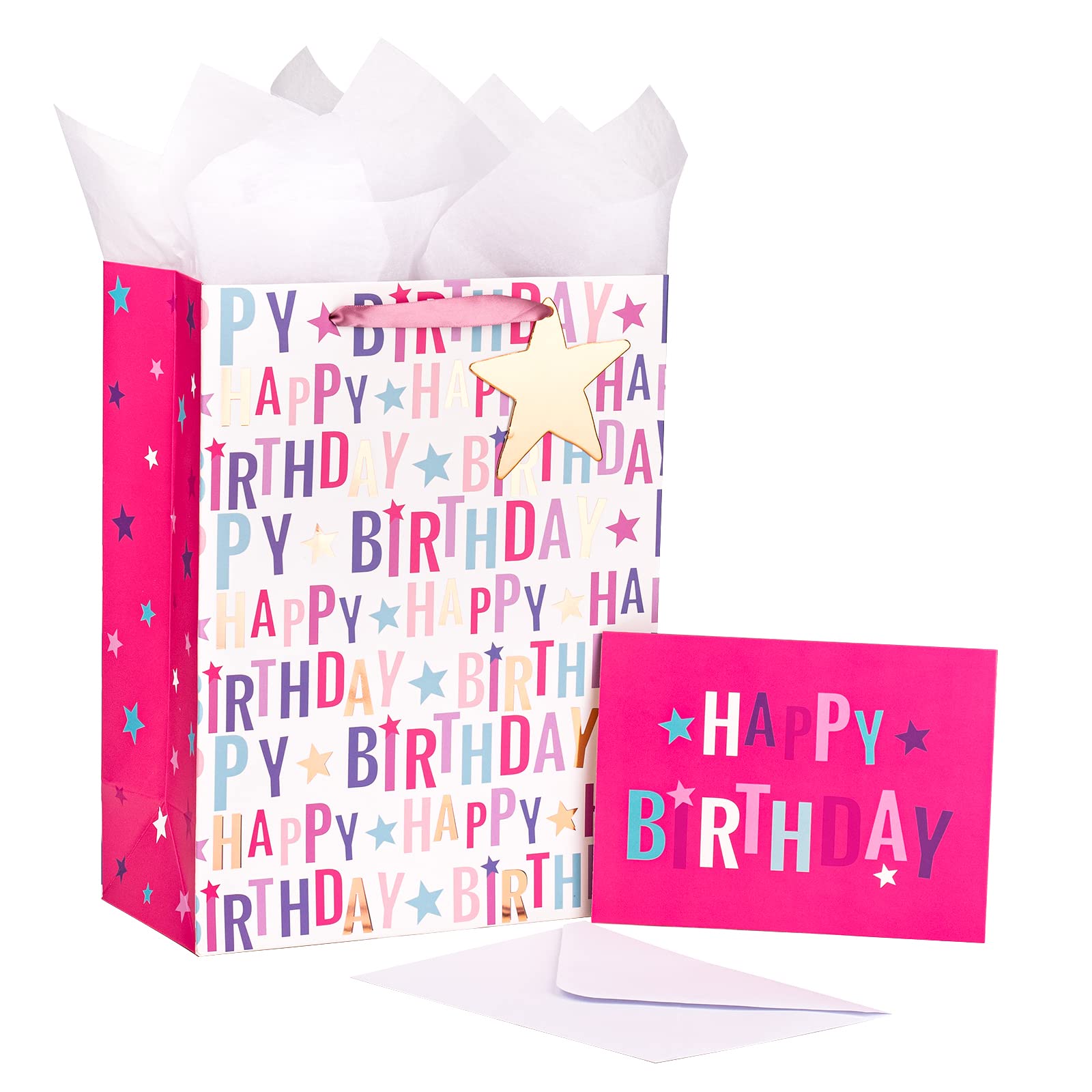 LeZakaa 13" Birthday Gift Bag, Pink Medium Gift Bag with Tissue Paper, Gift Tag and Card - Happy Birthday Lettering with Pink Foil Design