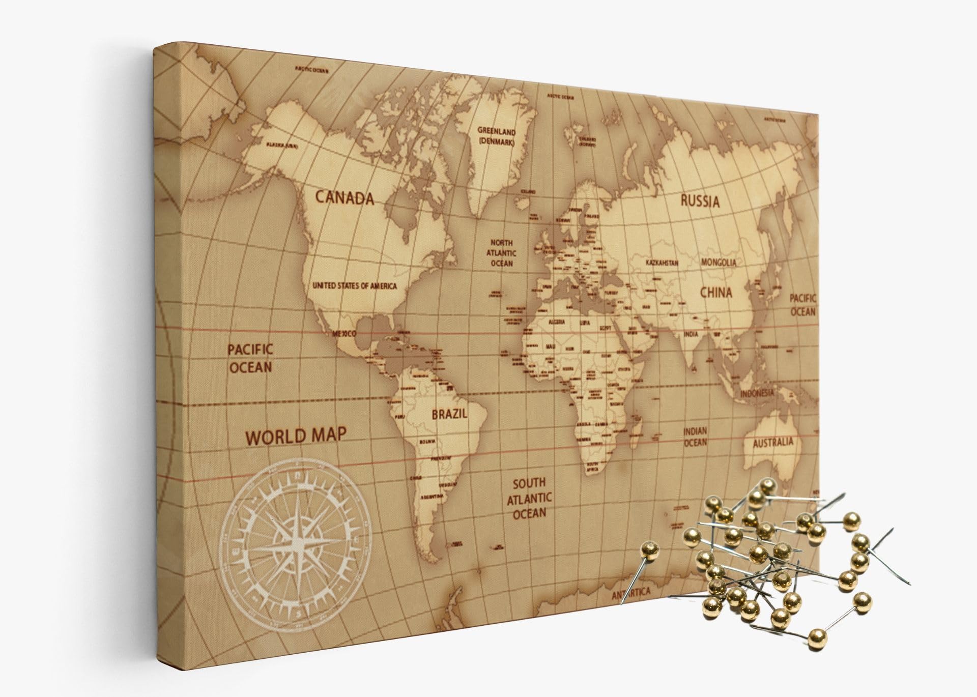 framed concept | Mappa del mondo con puntine | decorazione da parete fatta a mano con 50 puntine dorate | idea regalo originale