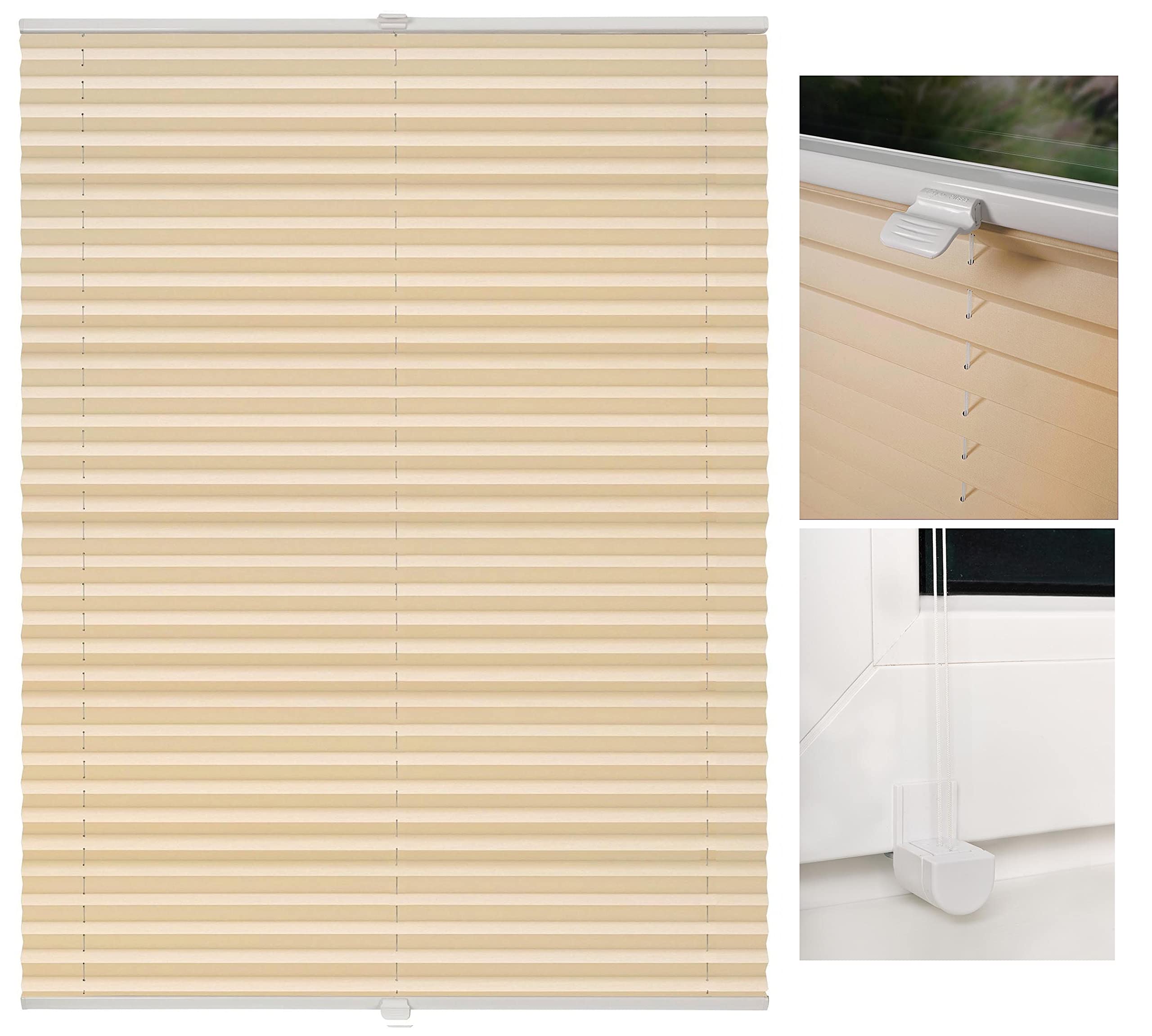 Plissee ohne Bohren Klemmfix Faltrollo Jalousie Plisseerollo Sichtschutz und Sonnenschutz Blickdicht lichtdurchlässig Rollo für Fenster & Tür Beige 65x130 cm
