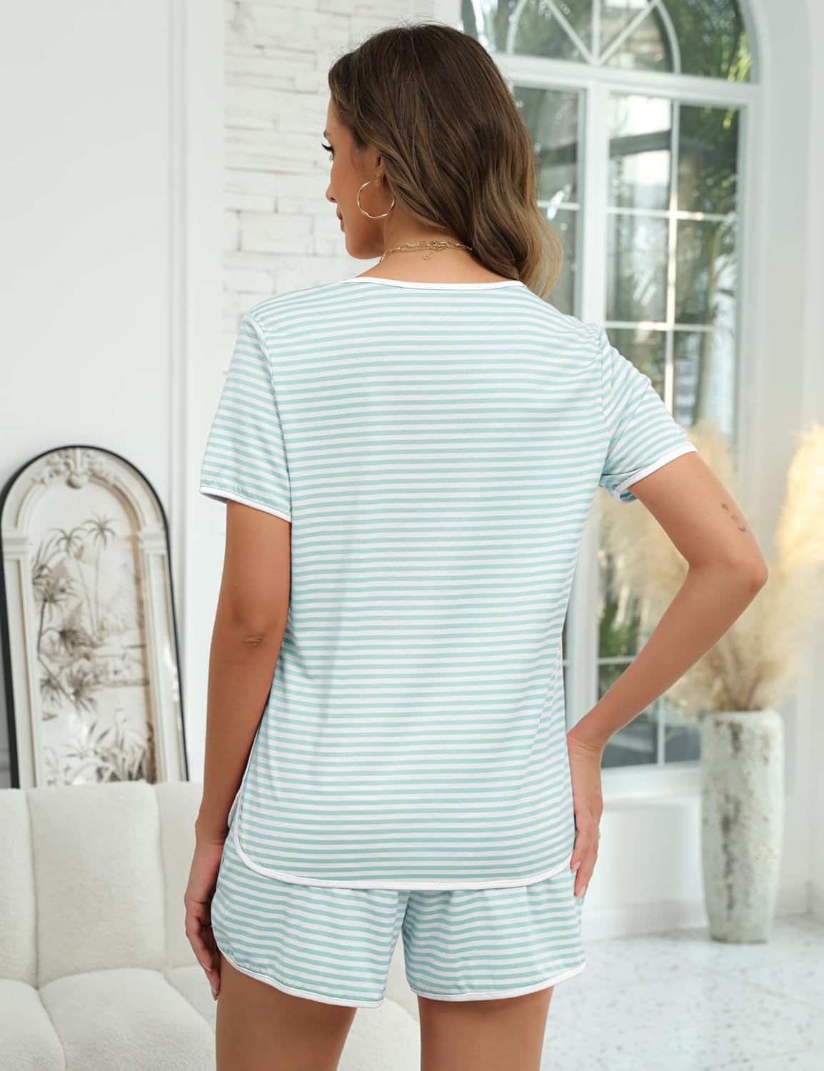Rapbin Womens Pajama Sets 2026 Spring Summer Ladies Striped Short Sleeve 2 Piece Shorts Set Crew Neck Split Soft Cozy Pjs - Image 2