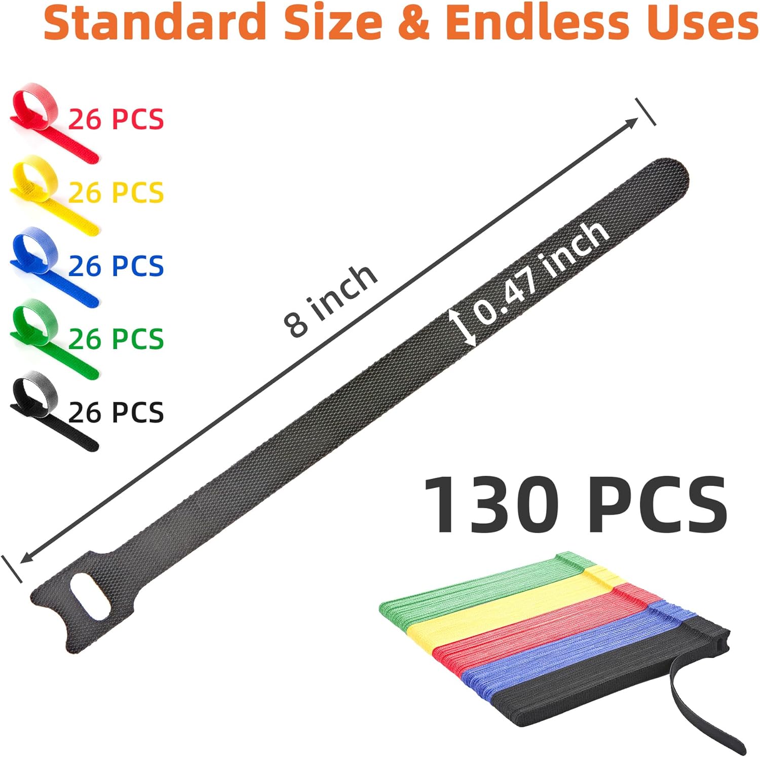 130 PCS Reusable Cable Ties with Hook and Loop, Multi-purpose Adjustable 8 Inch Cable Management Wire Ties Cable Straps for Organizing Home, Office and Data Centers (Multicolored)