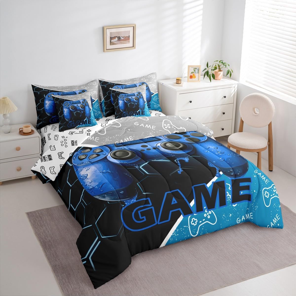 Gaming Boys Kids 7 Pieces Comforter Set Queen Size,Blue Video Game Consoles Gamepad Reversible Quilt Set,Geometric Honeycomb Gamer Room Decor Bedding Set with Comforter,Sheet,Pillowcase - Image 5