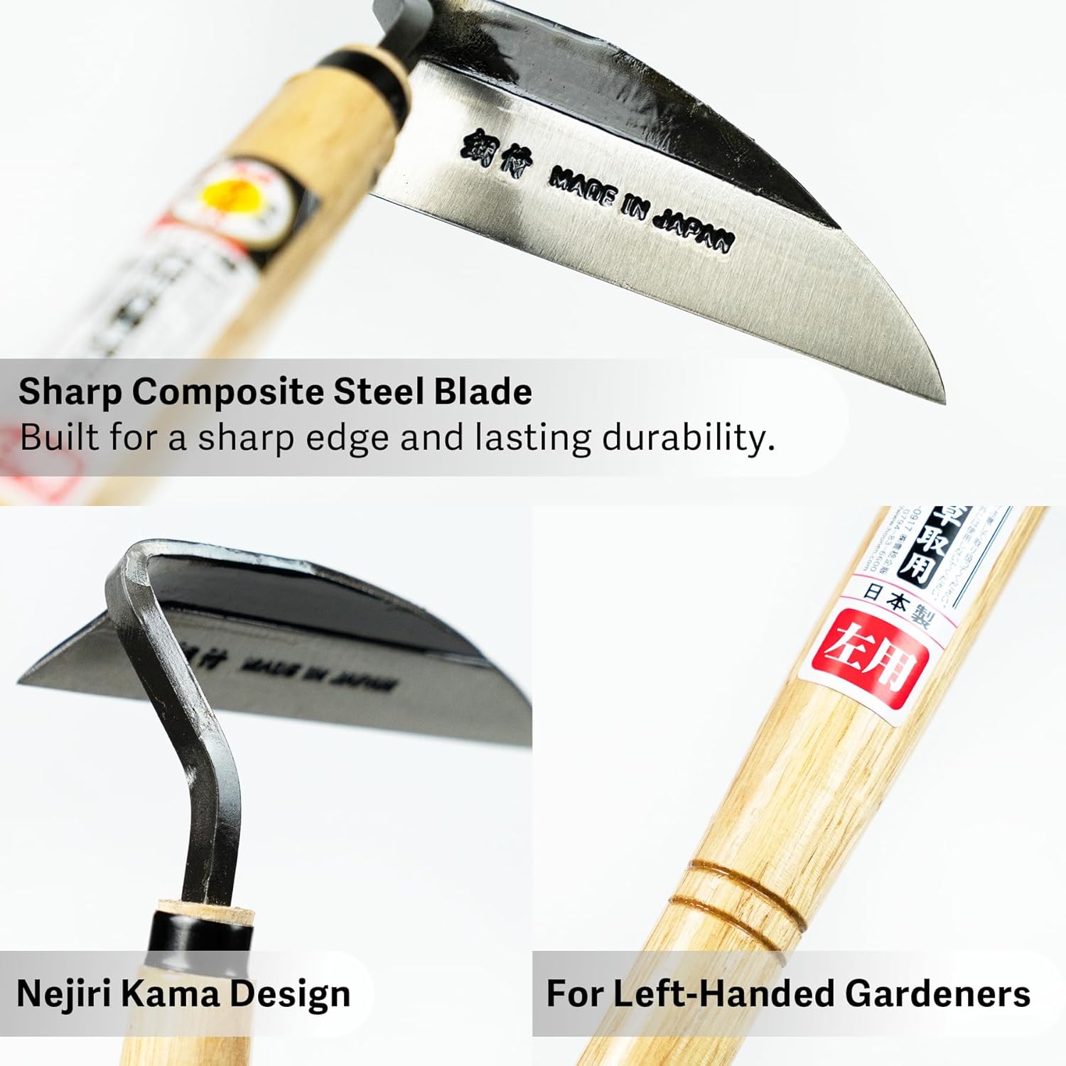 HONEN Japanese Left-Handed Nejiri Kama Weeding Sickle, Sharp Composite Steel Hand Weeder for Precise Weed Removal in Tight Spaces, Wood Handle, Made in Japan