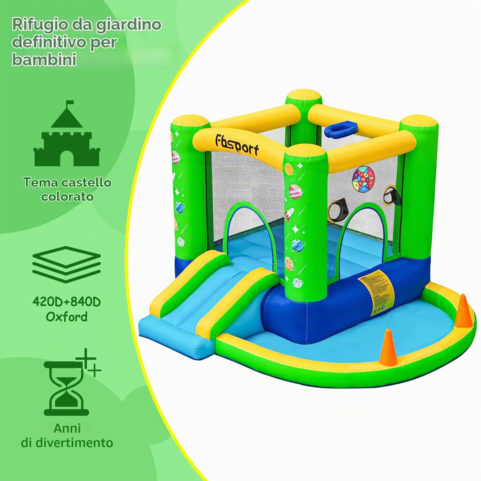 FBSPORT Castello Gonfiabile per Bambini con Ventilatore Piscina Gonfiabile con Scivolo Trampolino Piscina, Piscina di Palline oceaniche Parco Acquatico per Bambini