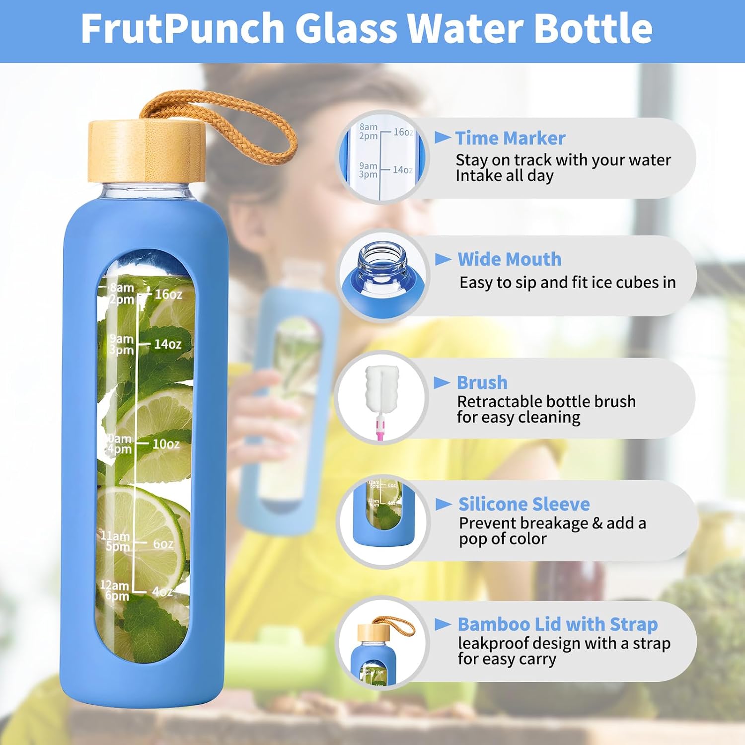 FrutPunch 18 OZ Glass Water Bottles, Water Bottle with Time Marker, Leakproof Glass Water Bottles with Silicone Sleeves, Suitable for Offices and Gyms. (blue)