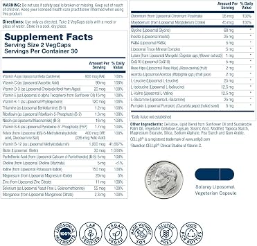 SOLARAY Liposomal Multivitamin for Men, Enhanced Absorption Immune, Energy & Bone Support, Mens Daily Multi Vitamin, BCAAs, Vitamin D3, C, B12, Zinc, Vegan, Soy Free, 30 Serv, 60 VegCaps