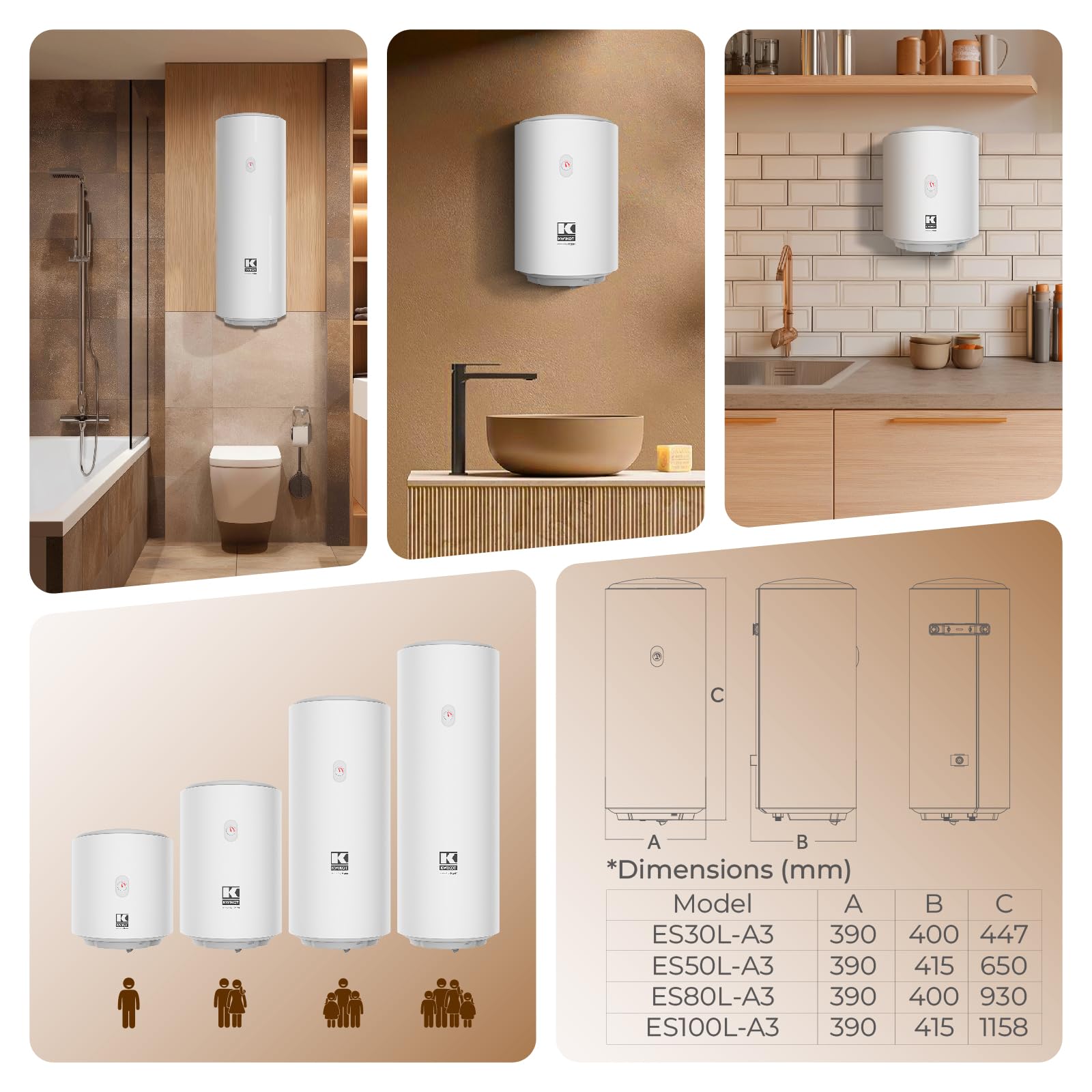 EasyTube Chauffe-eau Électrique 50 Litres Vertical Mural, Ballon Eau Chaude Cumulus à Accumulation 1500W, Résistant Eaux Dures et Calcaire 8 Bars, Gain de Place pour Salle de Bain Douche