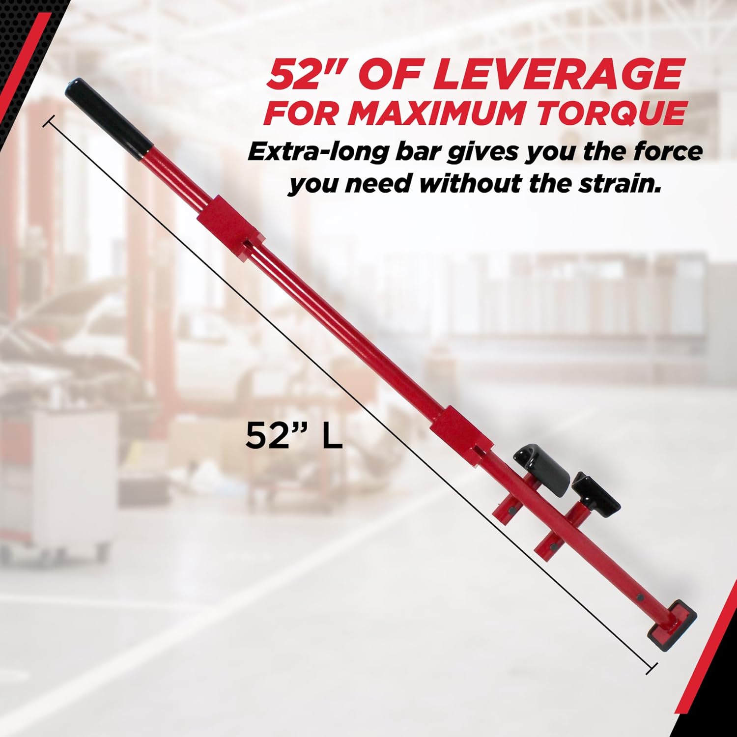 Champ Leverage Bar - 52” Alignment, Prying, and Pulling Stick with 3 Interchangeable Rubber Feet and 6 ft Chain Hook for Auto Body Frame and Panel Repair