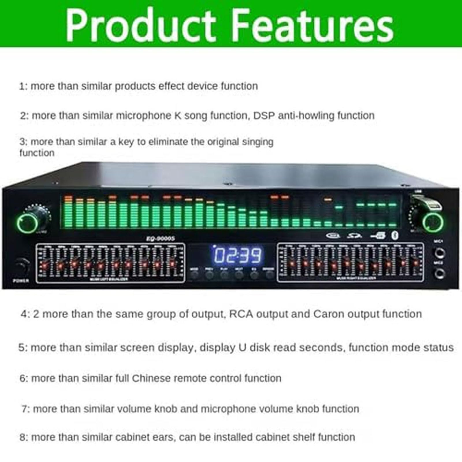 Cyfrowy korektor graficzny 31-pasmowy stereo z Bluetooth, analizator LED, 12 wzorów rytmicznych, cyfrowy dekoder audio, redukcja szumów, do kina domowego i studia nagrań