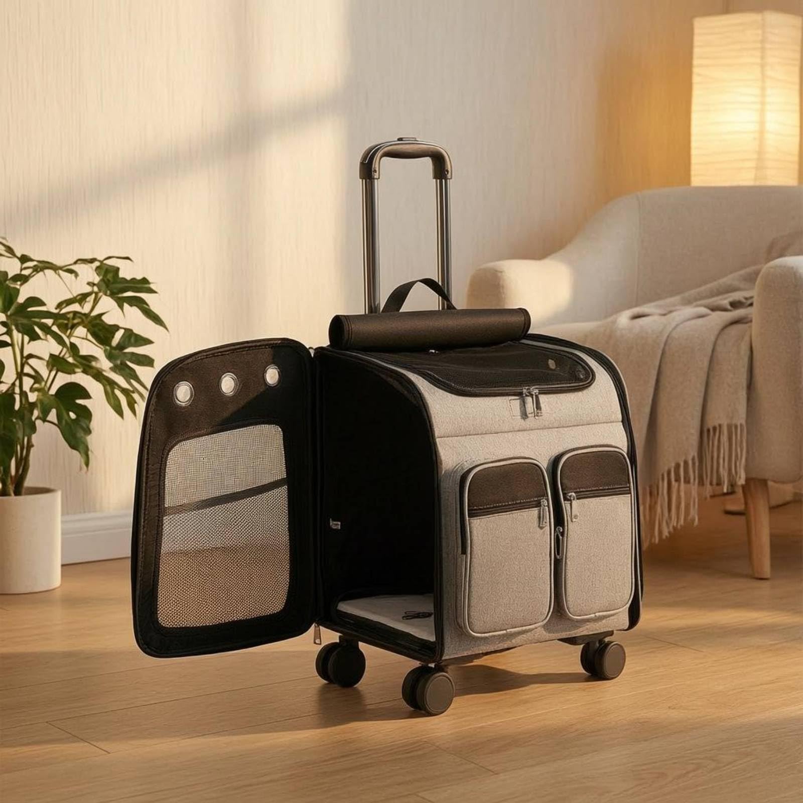 Transportín para Gatos con Ruedas Mochila Carrito y Bolsa Oxford con Paneles de Ventilación Cremallera Apertura y Gran Acceso Adecuado para, Gris, 40.9 Largo X 30 Ancho X 42.9 Alto Cm