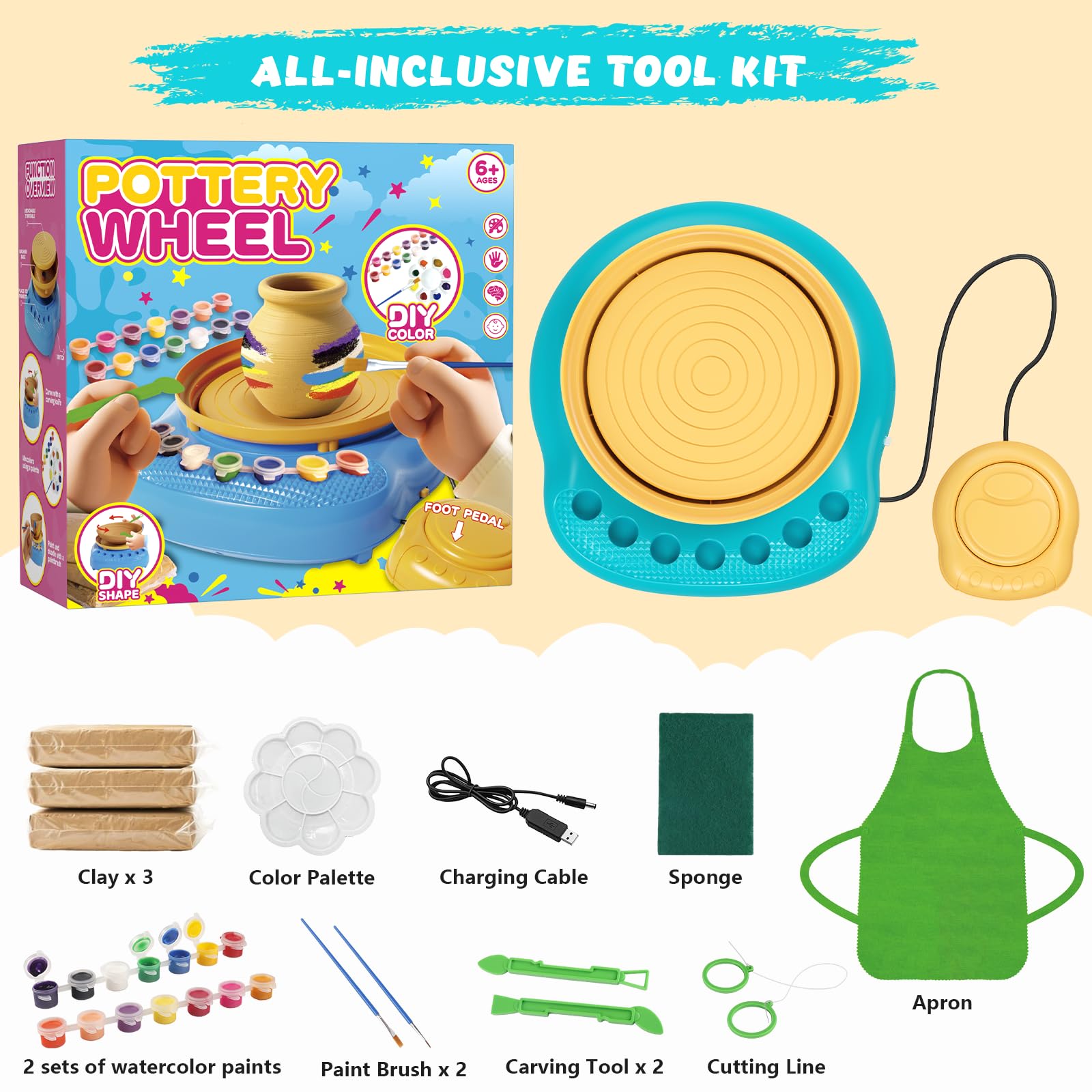 Töpferscheibe für Kinder mit Ton Set-Bastelset für Kinder ab 6 8 12 Jahre, Komplettes Töpferset mit Lufttrocknendem Ton und Malwerkzeug, Ostern Weihnachten Geburtstagsgeschenk für Jungen Mädchen(cyan)