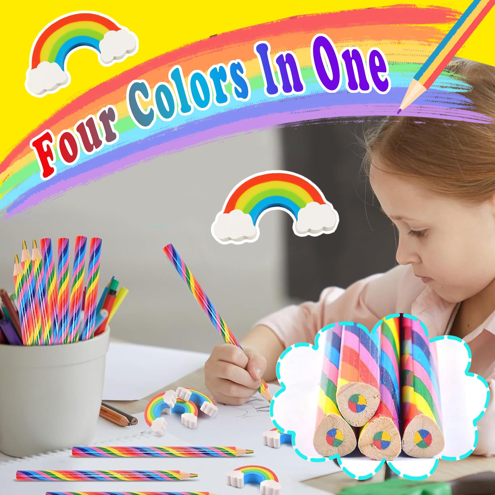 emperoch Set di Cancelleria Arcobaleno, 15 Matita Arcobaleno e 15 Gomme Arcobaleno, Matite Arcobaleno per Bambini, 4 in 1 Matite Multicolore, per Arte Disegno Colorazione Schizzi
