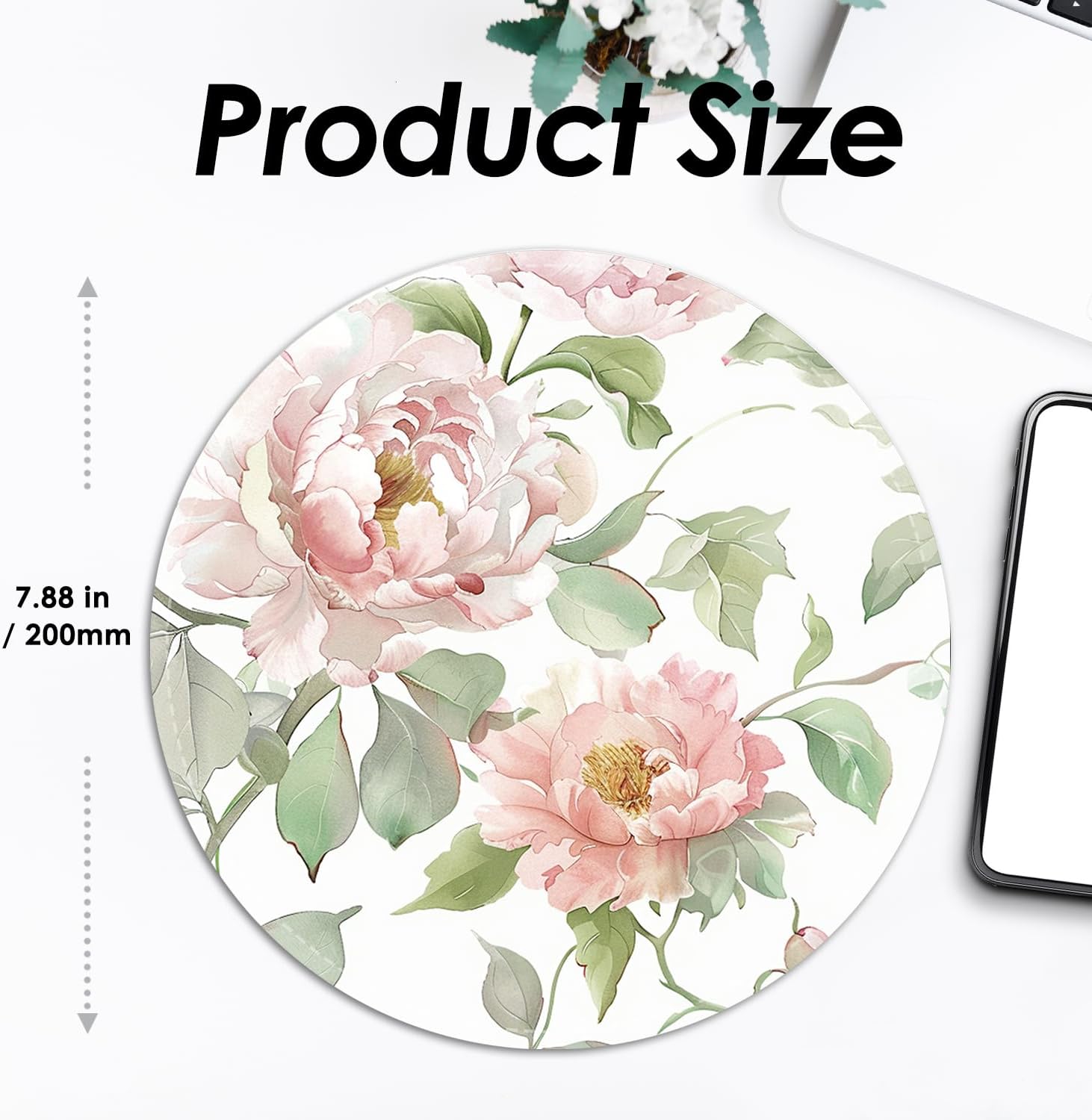 FROGIGO Cute Round Mouse Pad with Stitched Edge, Floral Aesthetic Mousepad for Women, Non-Slip Rubber Base Small Mouse Mat, Washable Desk Accessories for Office Home, 7.87 x 7.87 in-Watercolor Peony image 3