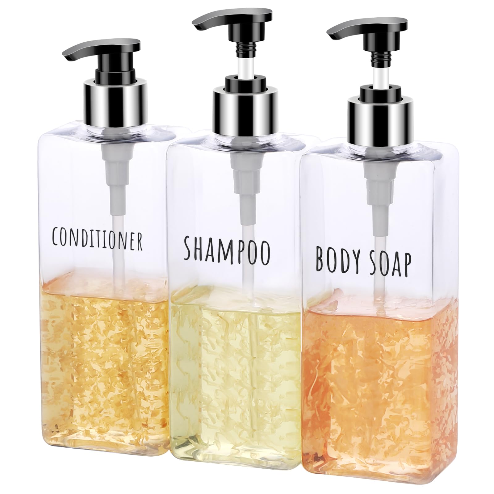Segbeauty Distributeur Gel Douche Salle de Bain, Flacon Pompe Vide 500ml, 3 Pièces Bouteille de Shampoing avec Étiquette, pour Salle de Bain Hôtel (Transparent)