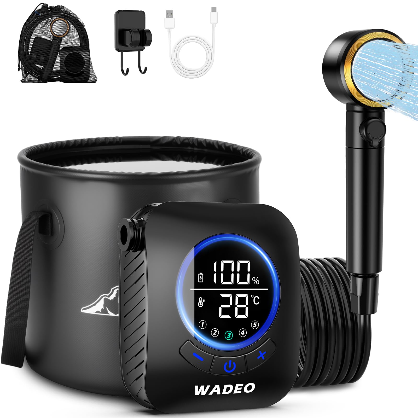 WADEO Portable Camping Shower, [Premium] [8000mAh] Large Display, 5 Adjustable Speeds, Rechargeable Battery Shower, Outdoor Shower Kit for Beach, Pet, Travel, Car (Black + Bucket) — image 1