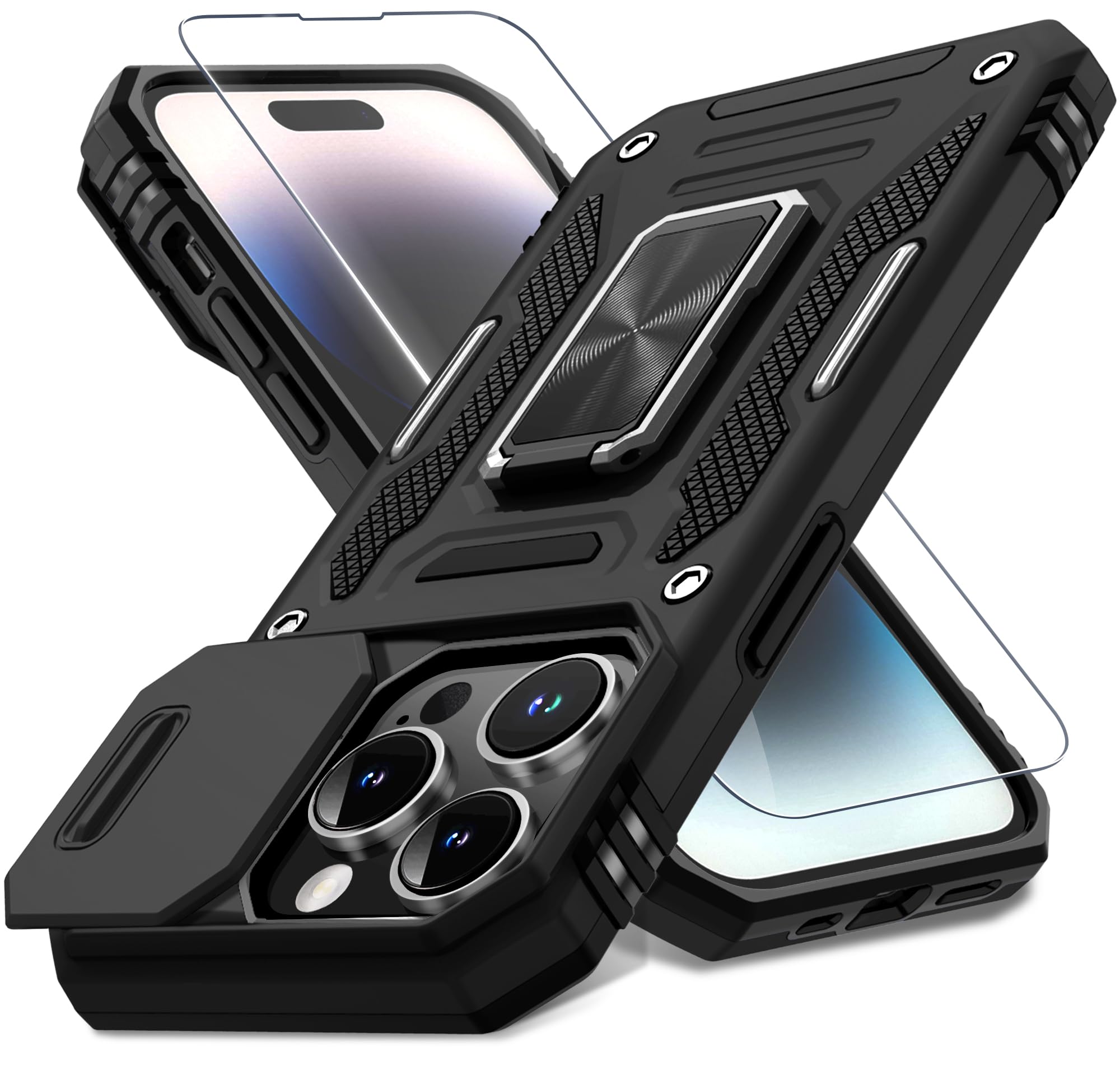 DEERLAMN Case for iPhone 14 Pro with Slide Camera Cover+Screen Protector(1 Pack),Rotated Ring Kickstand Military Grade Shockproof Protective Cover 6.1