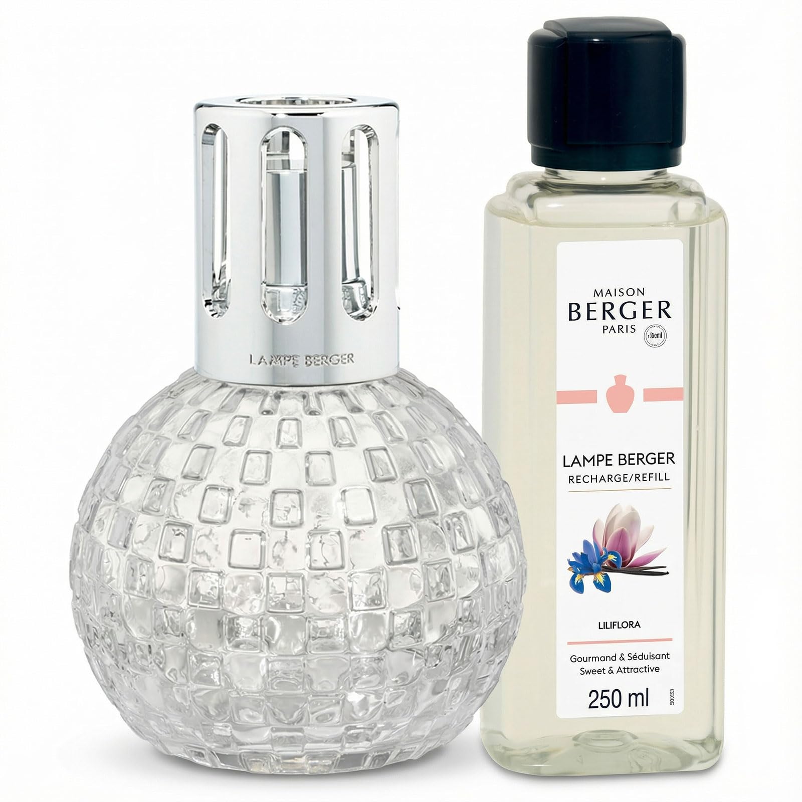 Maison Berger Transparent - Liliflora – Disco Lamp Gift Set – Checkerboard Round Catalytic Home Fragrance Diffuser With 250 Ml / 8.45 Fl Oz Refill – Odor Neutralizing Lamp – Made In France (Transparent - Liliflora)