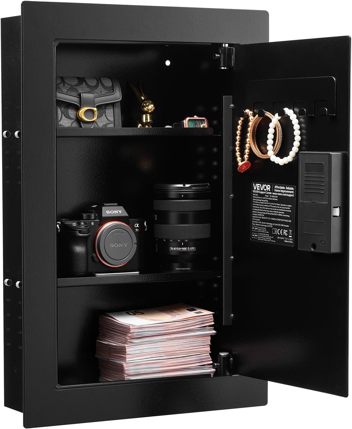 VEVOR Wall Safe, 3-Tier Hidden Wall Safe with Fingerprint, Password, Key & Turning Knob, Q235 Cold-Rolled Steel In-Wall Box with Adjustable Shelves & Key Holders for Money, Jewelry, Passport