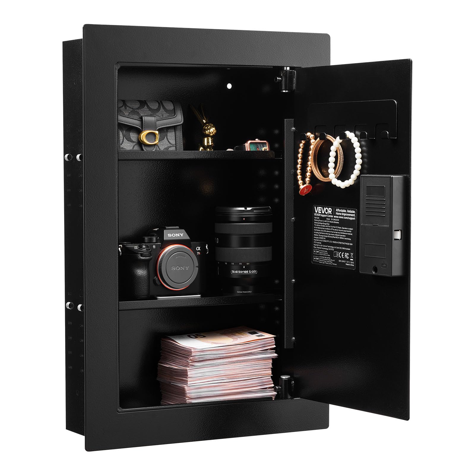 VEVOR 22" High Wall Safe, 3-Tier Hidden Wall Safe with Fingerprint, Password, Key & Turning Knob, Q235 Cold-Rolled Steel In-Wall Box with Adjustable Shelves & Key Holders, Black-image-44