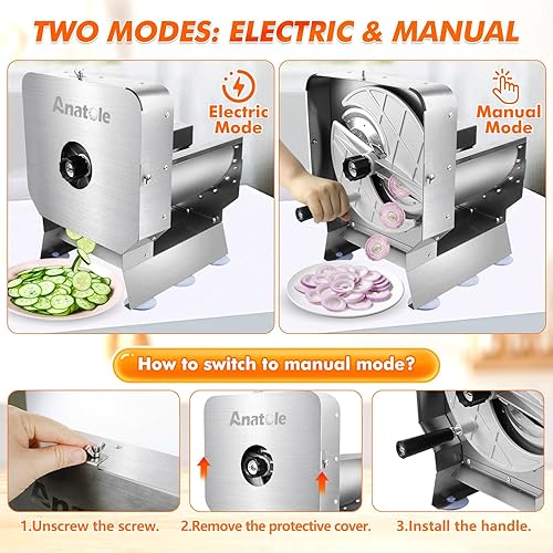 Miniatura 3 de Anatole Cortador eléctrico de verduras comercial de acero inoxidable de 0-0.4 pulgadas de grosor ajustable con modo manual para tomate, cebolla,