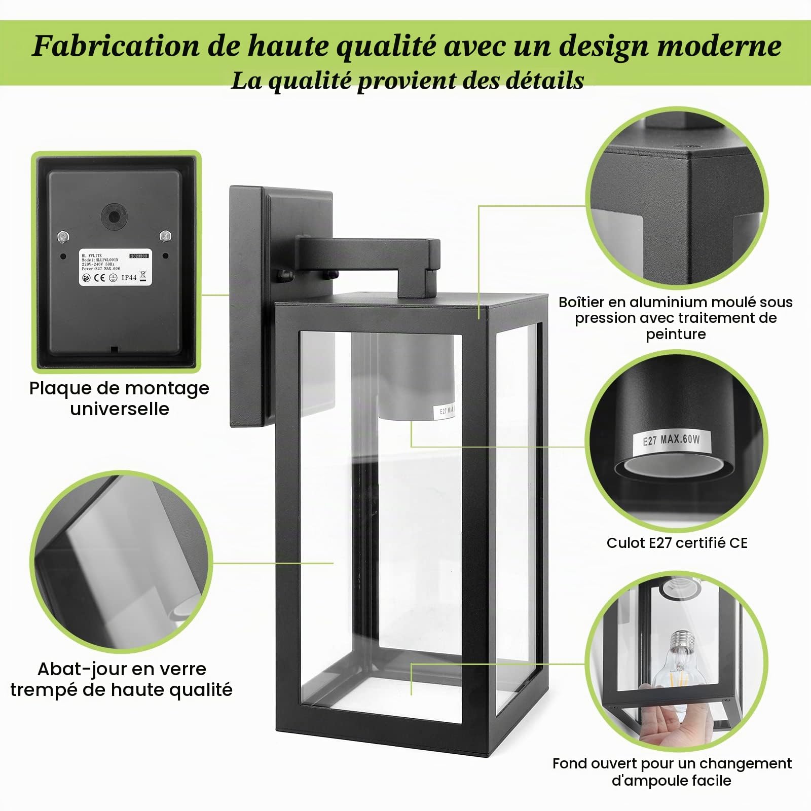 HLFVLITE Mur Extérieur En Aluminium Léger Porche, Entrée, Porte, Terrasse Et Garage - Ip44 Étanche, Max 60w E27 Noir