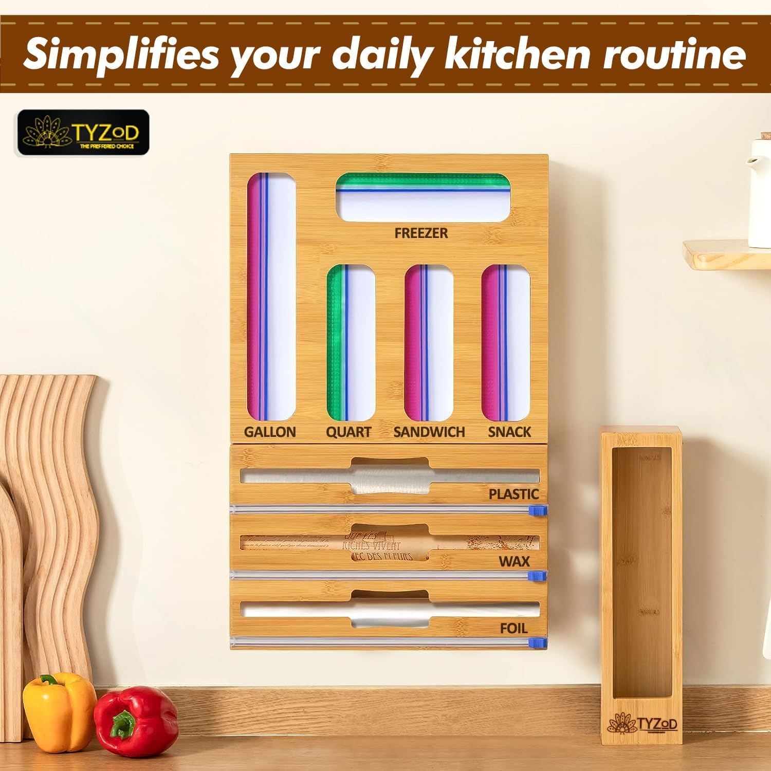 9-in-1 Bamboo Storage Bag Organizer with Cutter, Kitchen Drawer & Wall Mount Storage for Foil, Plastic Wrap, Gallon, Quart, Sandwich, Snack & Freezer Bags, Fits Rolls ≤12” Long, ≤2” Diameter