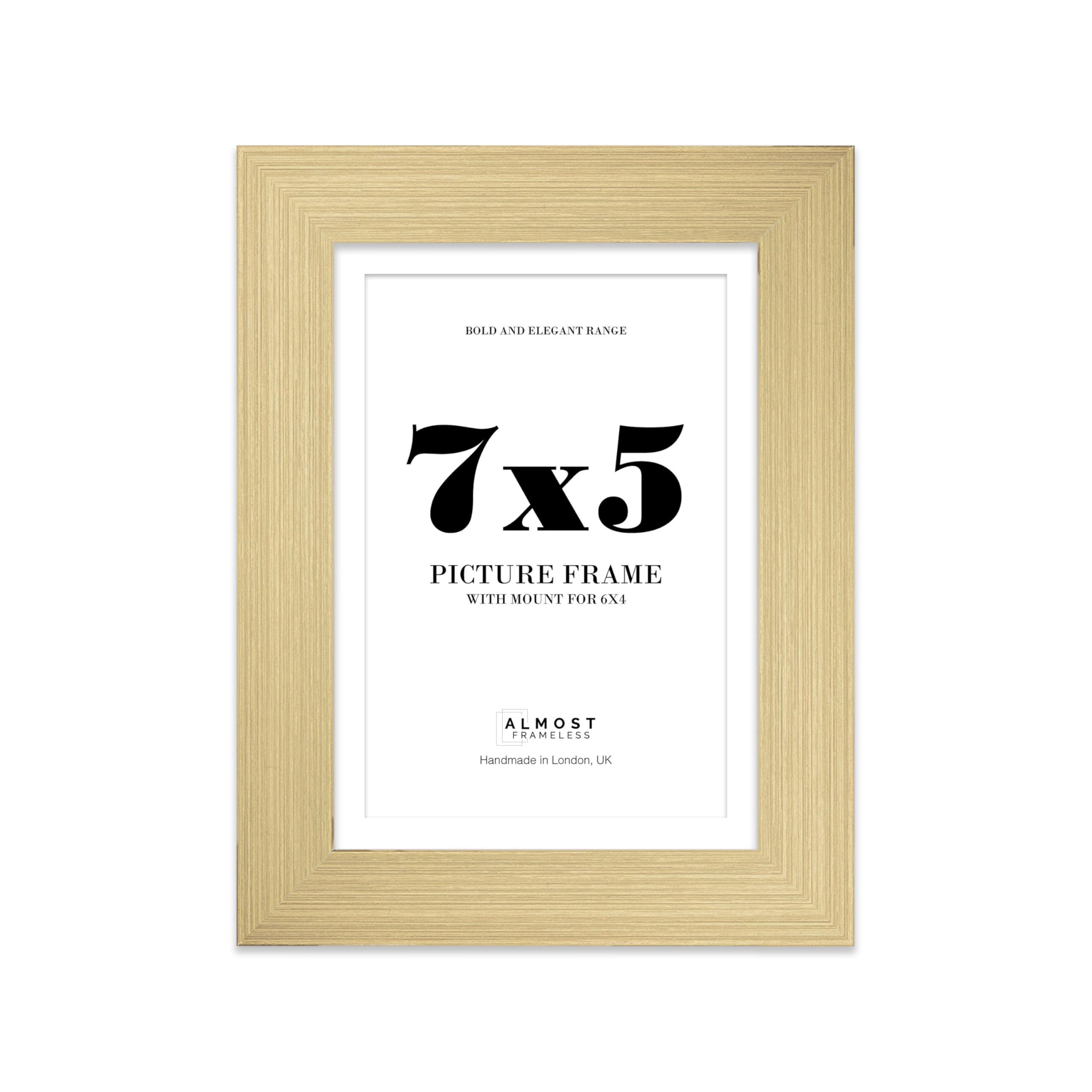7x5" Gold Frame With Mount for 6x4" Pictures 28mm Edge Portrait and Landscape Display with Wall Hooks and Kickstand, 1 Pack