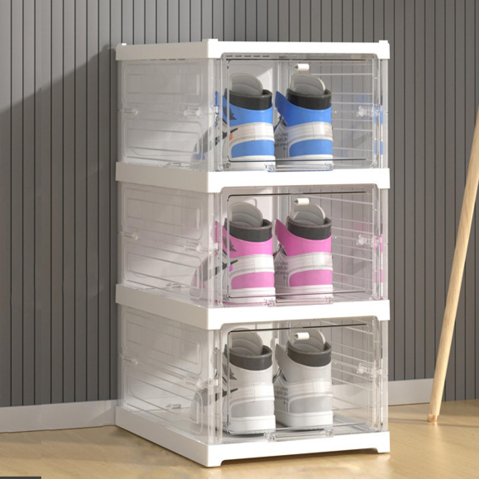 OWKAY Pieghevole integrato Scarpiera Organizzatore e Scatole di Immagazzinaggio Cabinet Trasparente Visibile Installazione Libera Rack