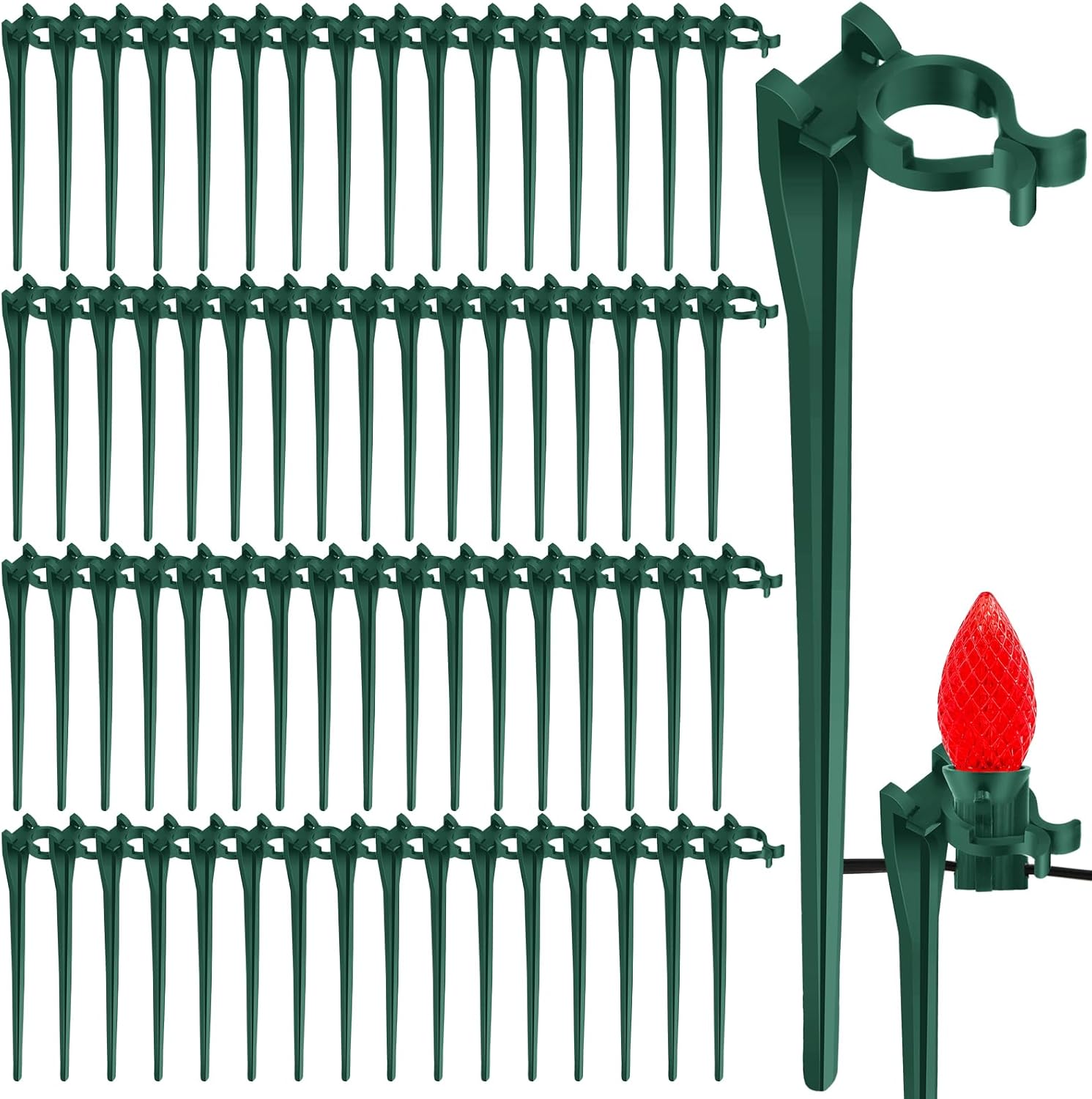 AUGSHY 100 Pack Christmas Light Stakes, 7.5 inch Yard Lawn Holiday Light Ground Stakes for C7 C9 Outside String Lights Universal Outdoor Light Holders for Christmas Decoration Lawn Path Driveway Green