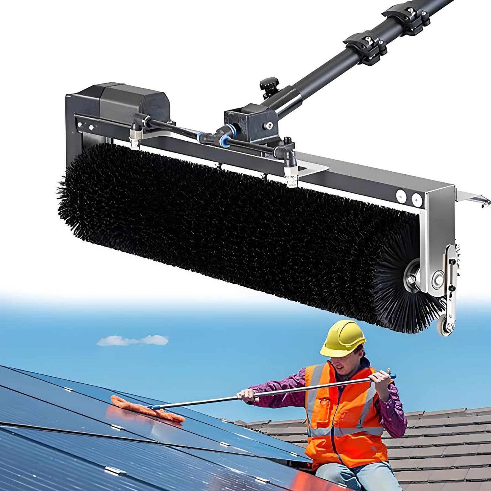 Cashwise Electric Solar Photovoltaic Panel Cleaning, Telescopic Pole, 60cm Brush Head 360° Adjustable Angle Outdoor Washing Solar Panel Cleaning Brush, Strong Cleaning Power Mains-7.5m/24.6ft
