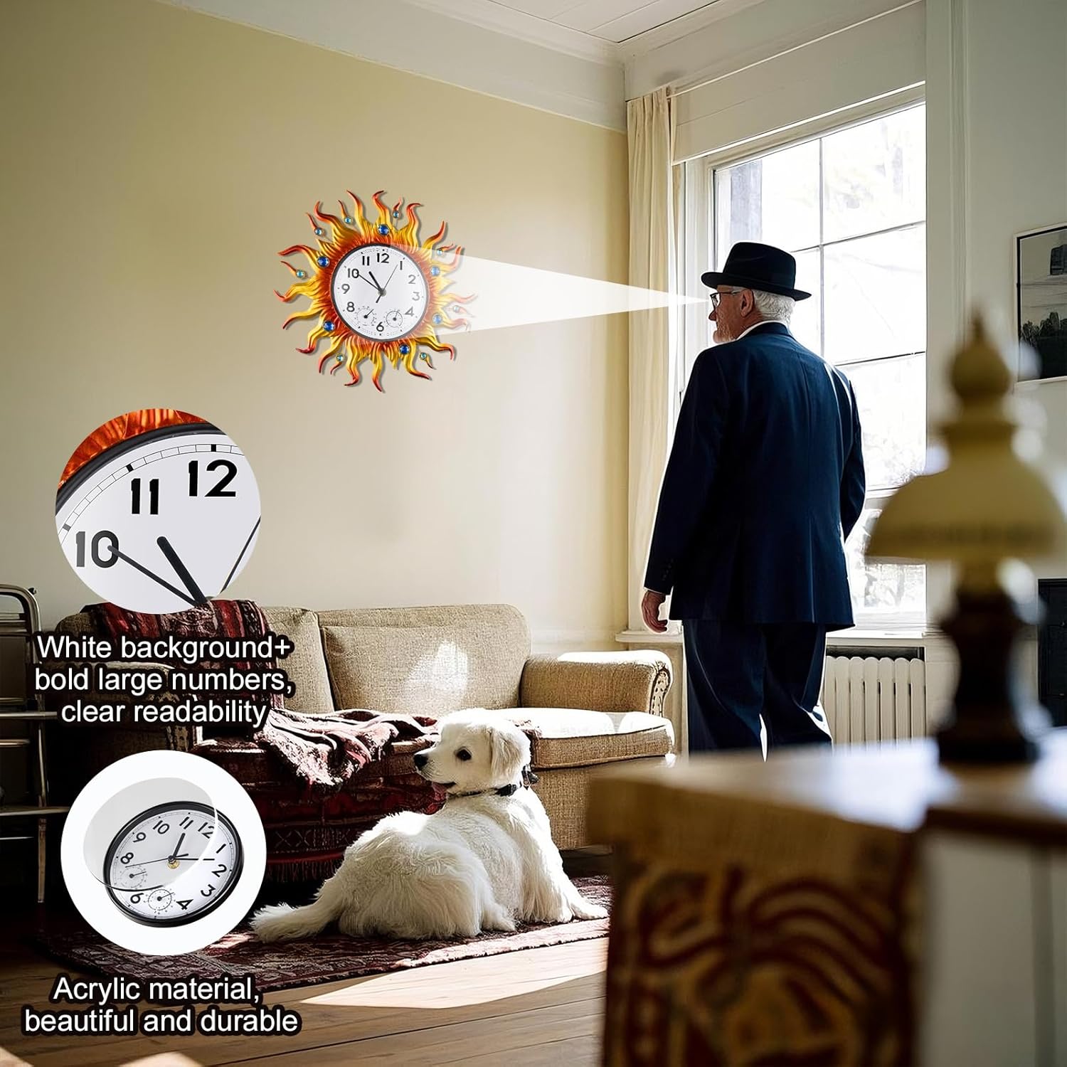 Outdoor Clock Thermometer Combo, Sun Outdoor Wall Clock, Silent Non-Ticking Outdoor Clocks Waterproof for Patio, Garden