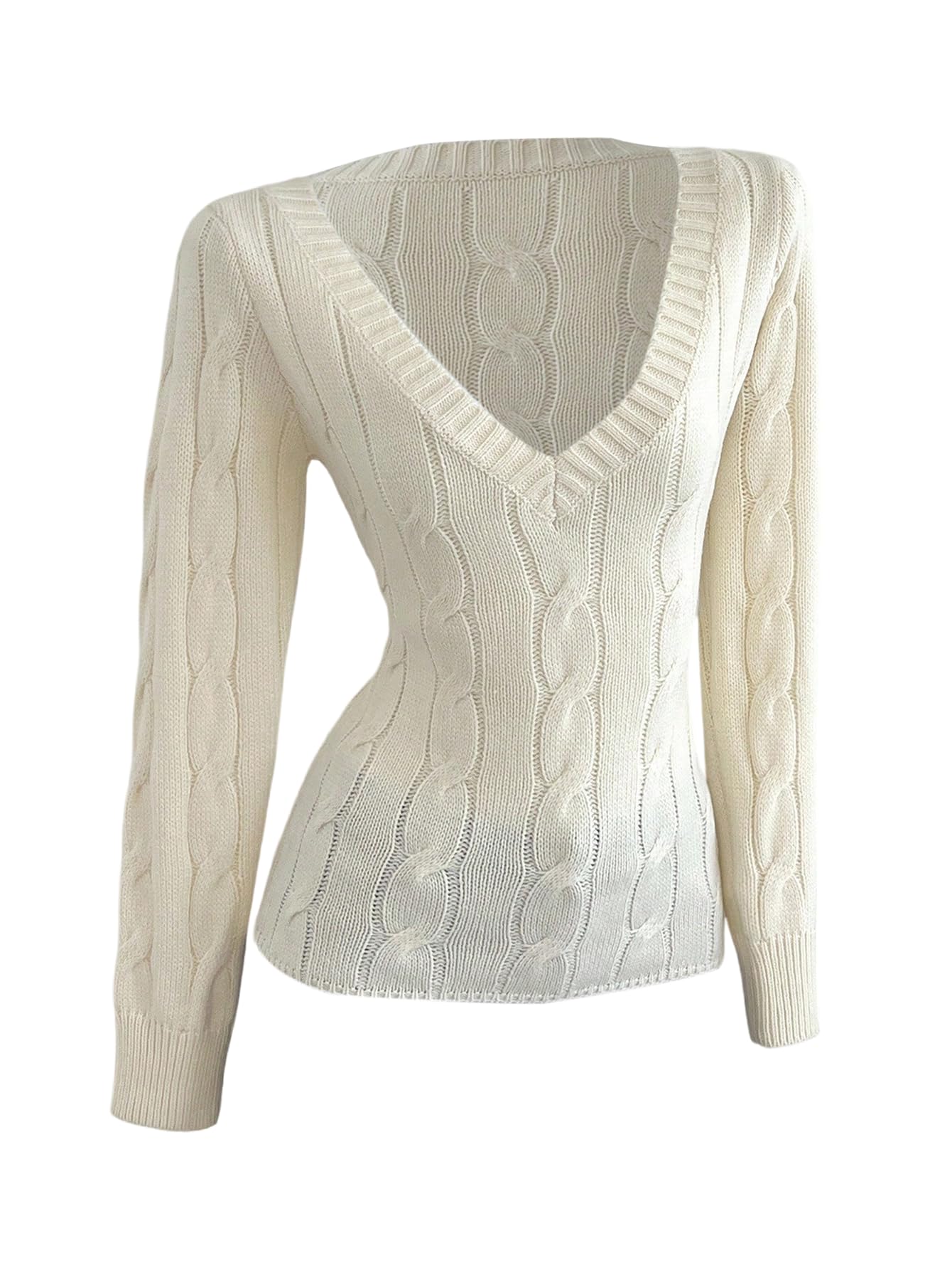 Floerns Womens Cable Knit Sweater V Neck Long Sleeve Lightweight Fitted Pullovers Fall Outfit