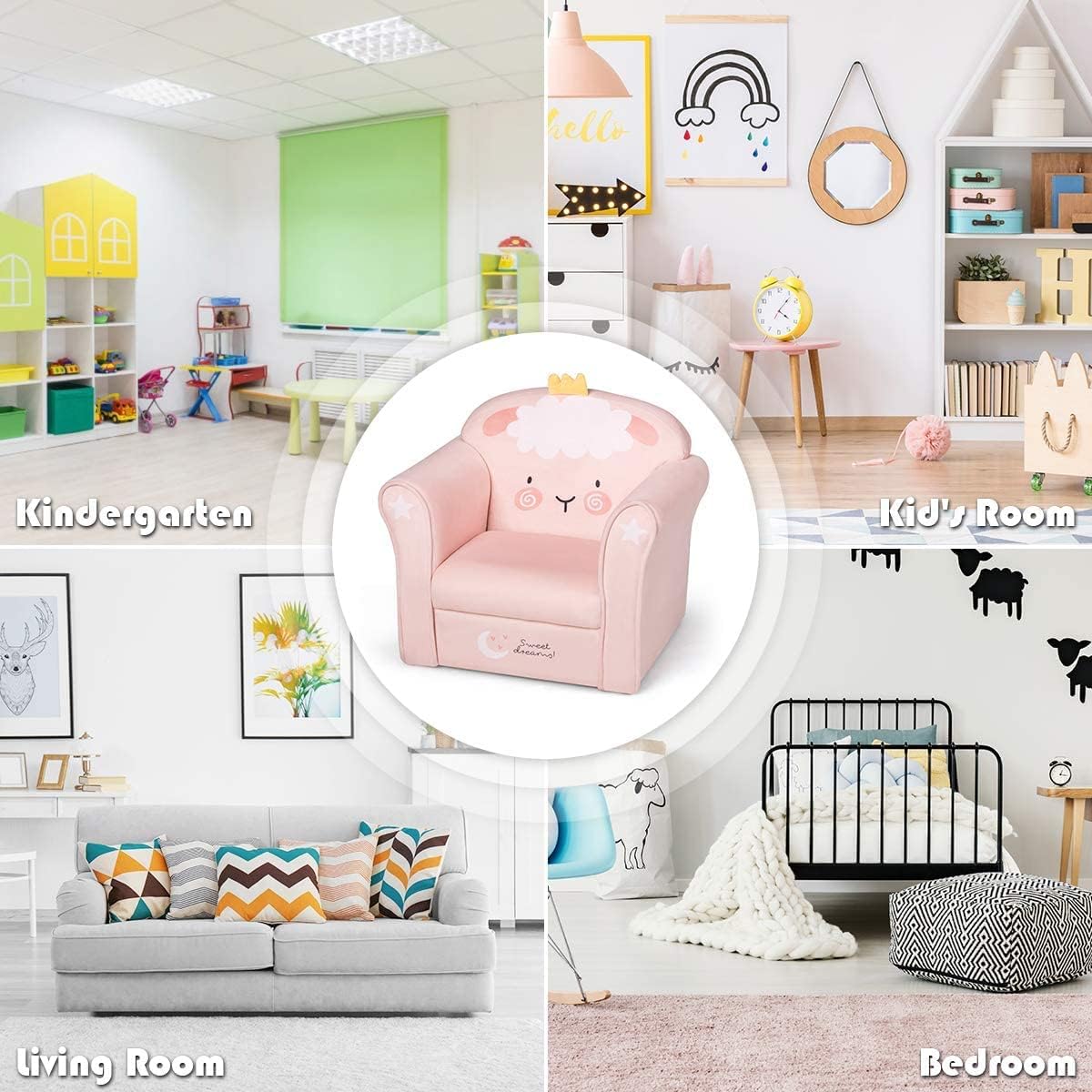 Fireflowery Kid's Sofa, Children Armrest Chair w/Cartoon Pattern & High Back, High-Resilience Sponge Cushion, Lightweight Toddler Furniture for Girls (Pink, Lamb)