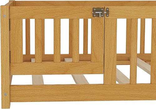 Miniatura 7 de SOFTSEA Montessori - Cama con puerta y barandillas, marco de cama baja de madera maciza con valla, no necesita somier, natural Natural