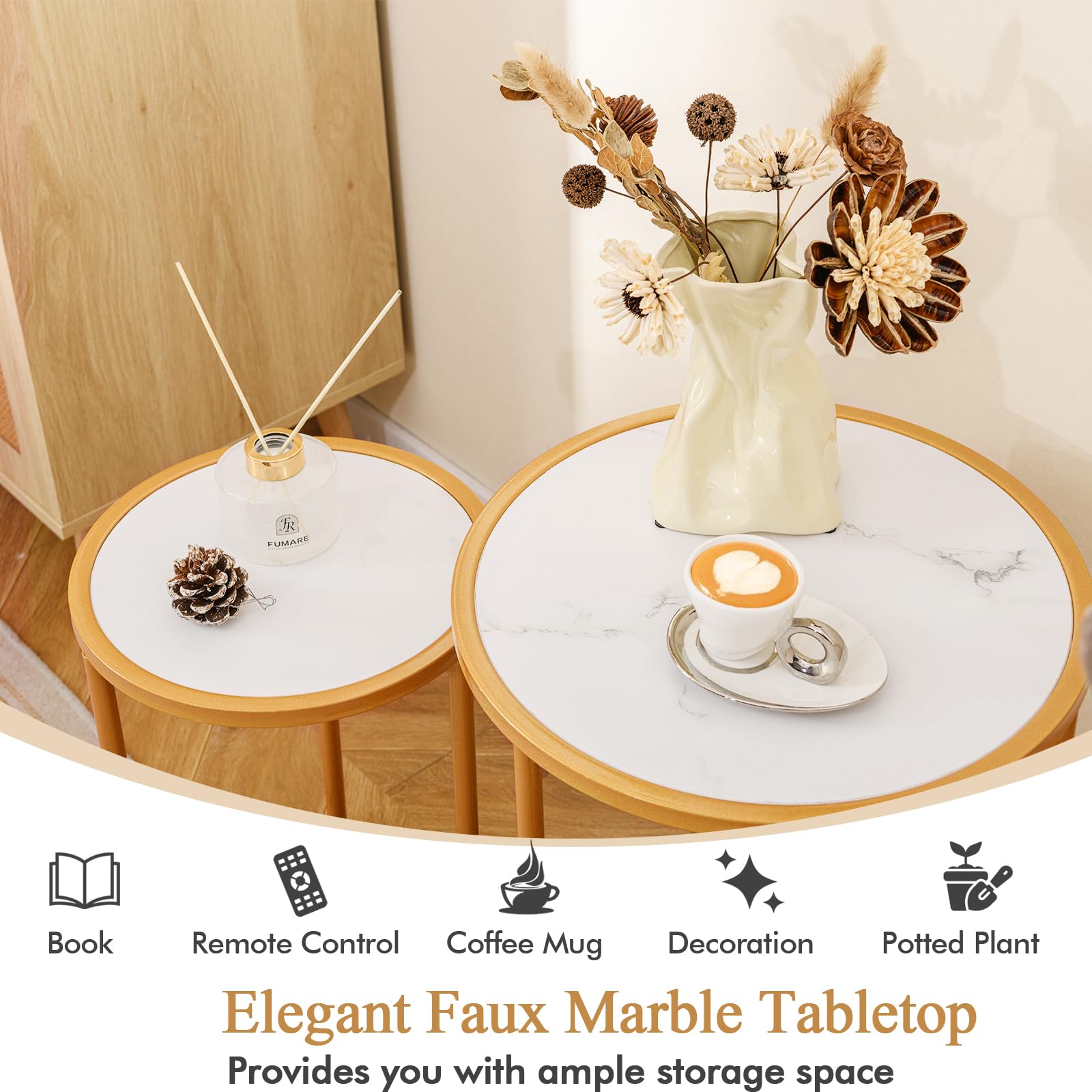 LIFEZEAL Set di 2 Tavolini da Salotto, Rotondo, Sovrapponibile, Oro, Bianco, Effetto di Marmo, Tavolino da Caffè, Tavolino Basso Laterale, Tavolino Lato Divano, Legno+Metallo, Moderno, Soggiorno