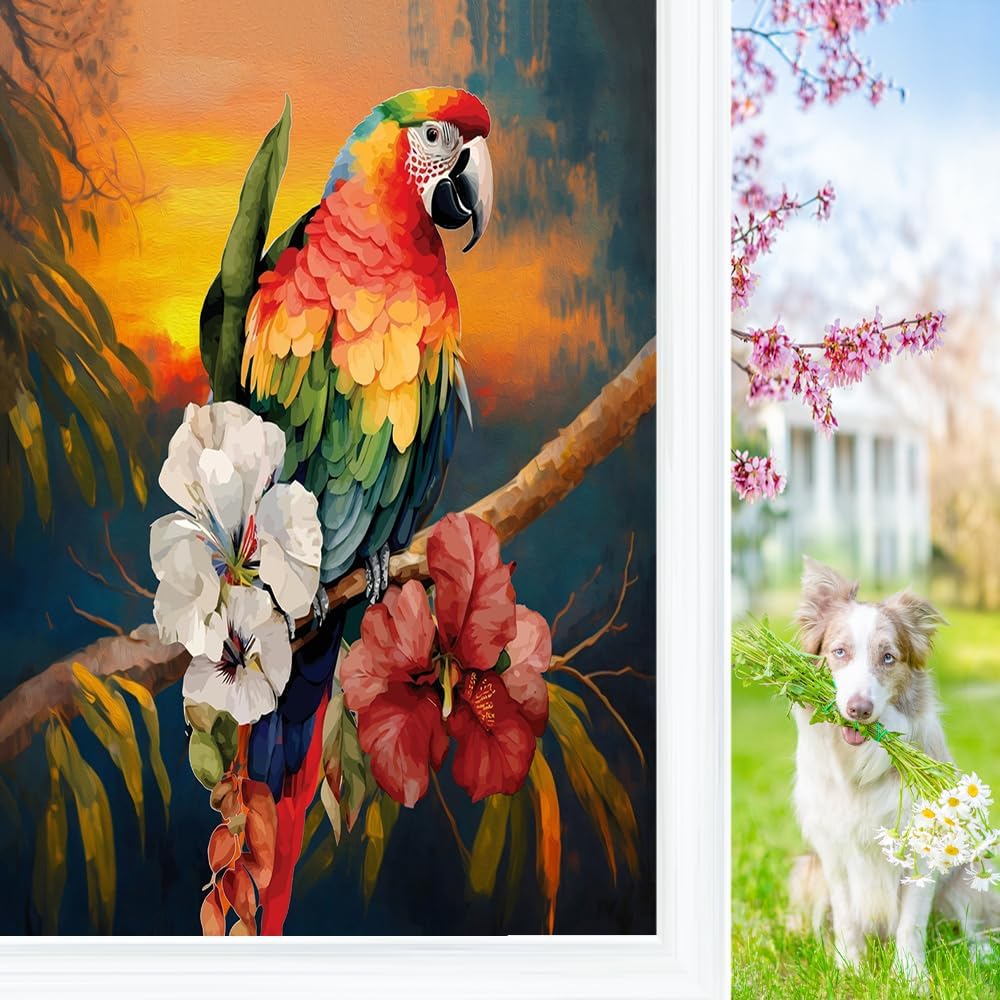 Rustic Oil Painting Floral Parrot Window Privacy Film,Abstract Tropical Forest Sunset Animal Colorful Parrot Self Adhesive Window Stickers-23.6W x35.4L in x1Pcs
