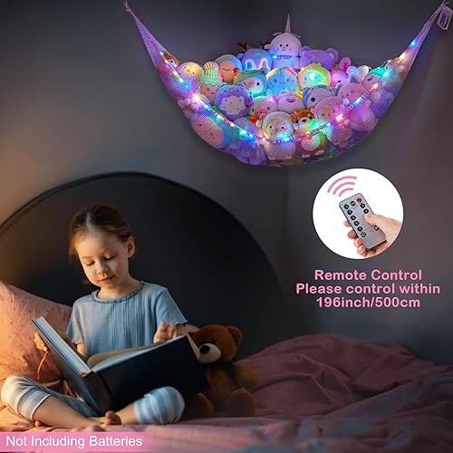 Vista 4 de Basumee Red de animales de peluche o hamaca con luz LED, hamaca de red de juguetes para almacenamiento de animales de peluche, hamacas para cuarto
