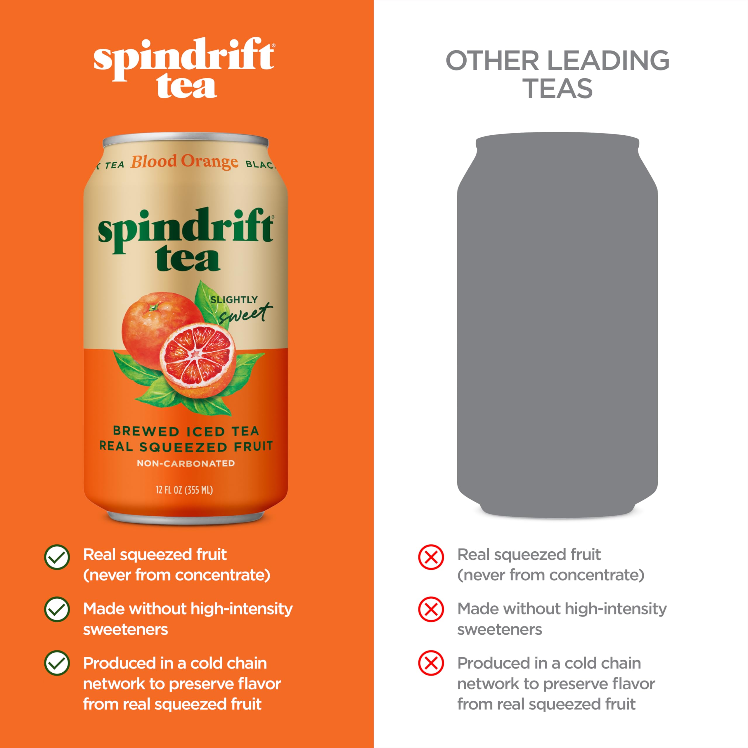 Spindrift Brewed Iced Tea, Blood Orange Black Tea, Made with Real Squeezed Fruit, No Carbonation, 12 Fl Oz Cans, Pack of 12 (Only 27 Calories per Can)