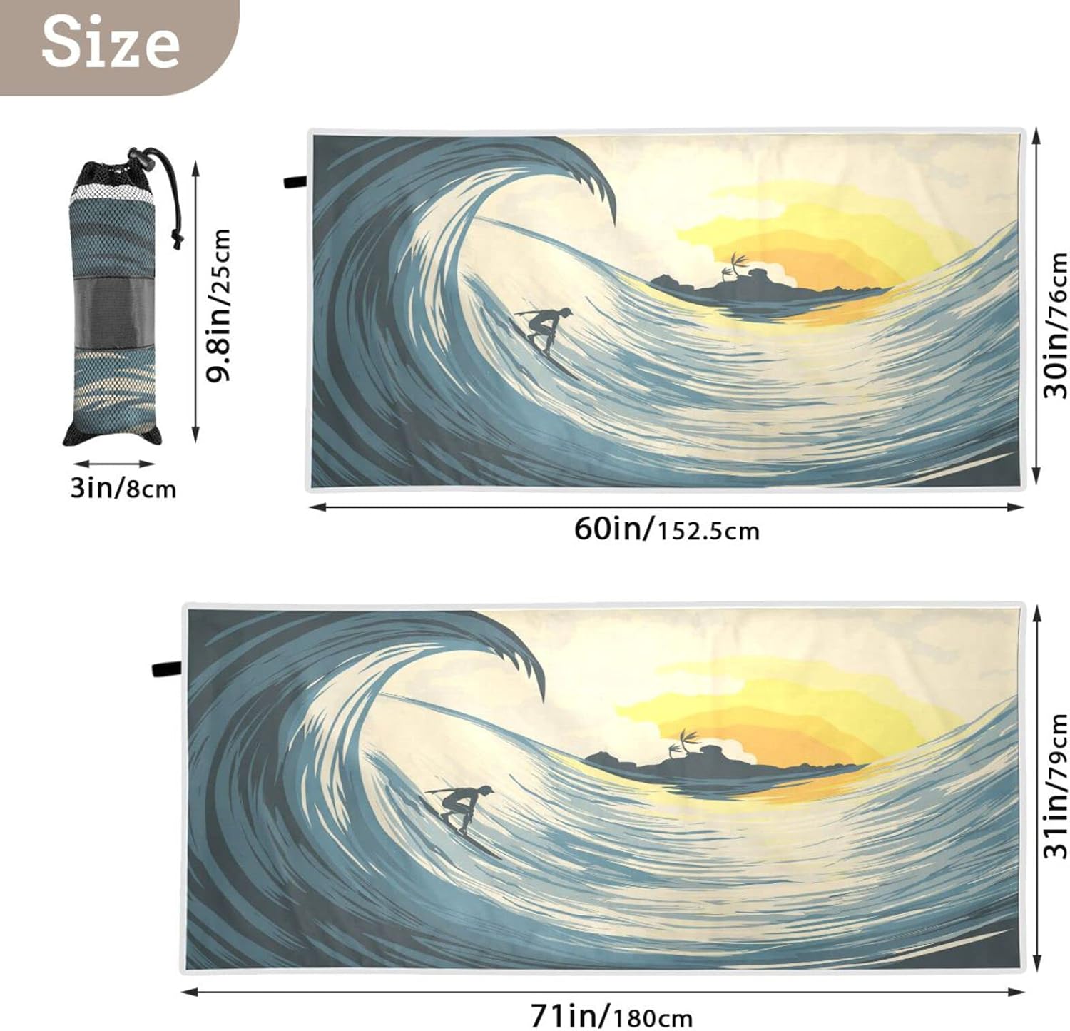 Blueangle Surfer at Sunset Beach Towel - Super Absorbent Oversized Travel Towels - Lightweight Compact Quick Dry Towel for Swimming Camping Holiday