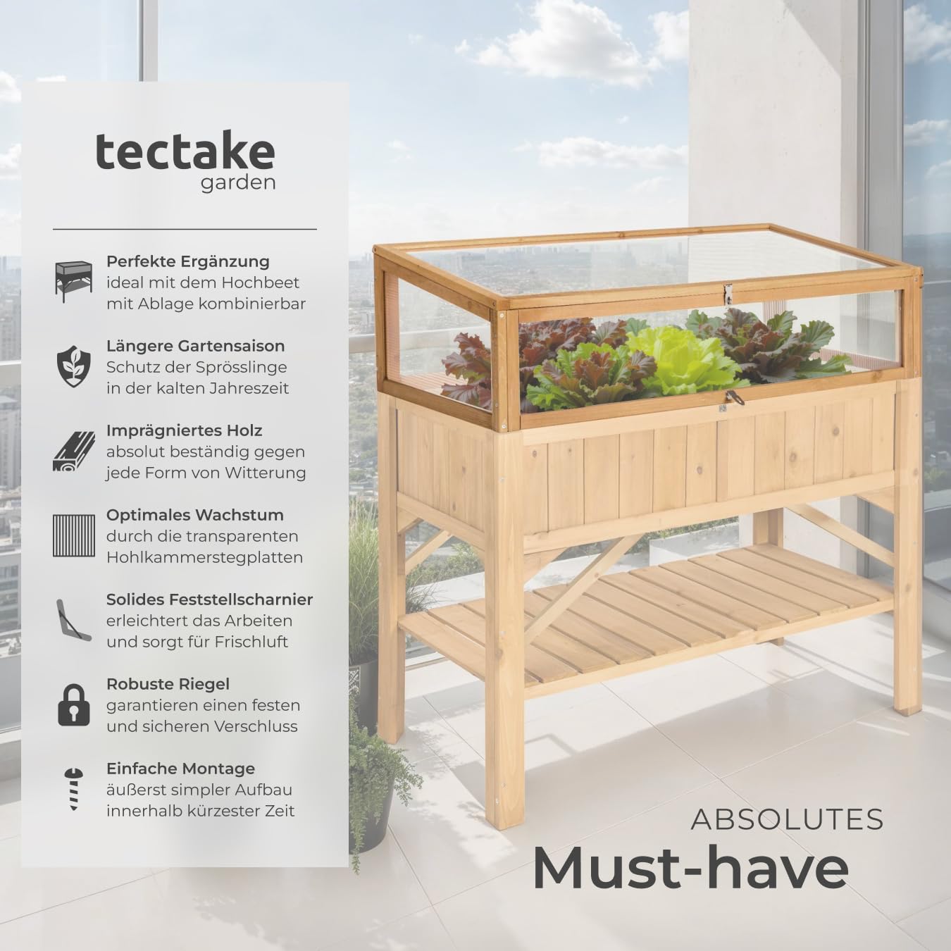 tectake® Frühbeet Aufsatz aus Holz, witterungsbeständig, Schutz vor Wind und Wetter, Frühbeetaufsatz mit funktionellen Hohlkammerplatten, 115 x 53 x 34 cm, kombinierbar Hochbeet 403232