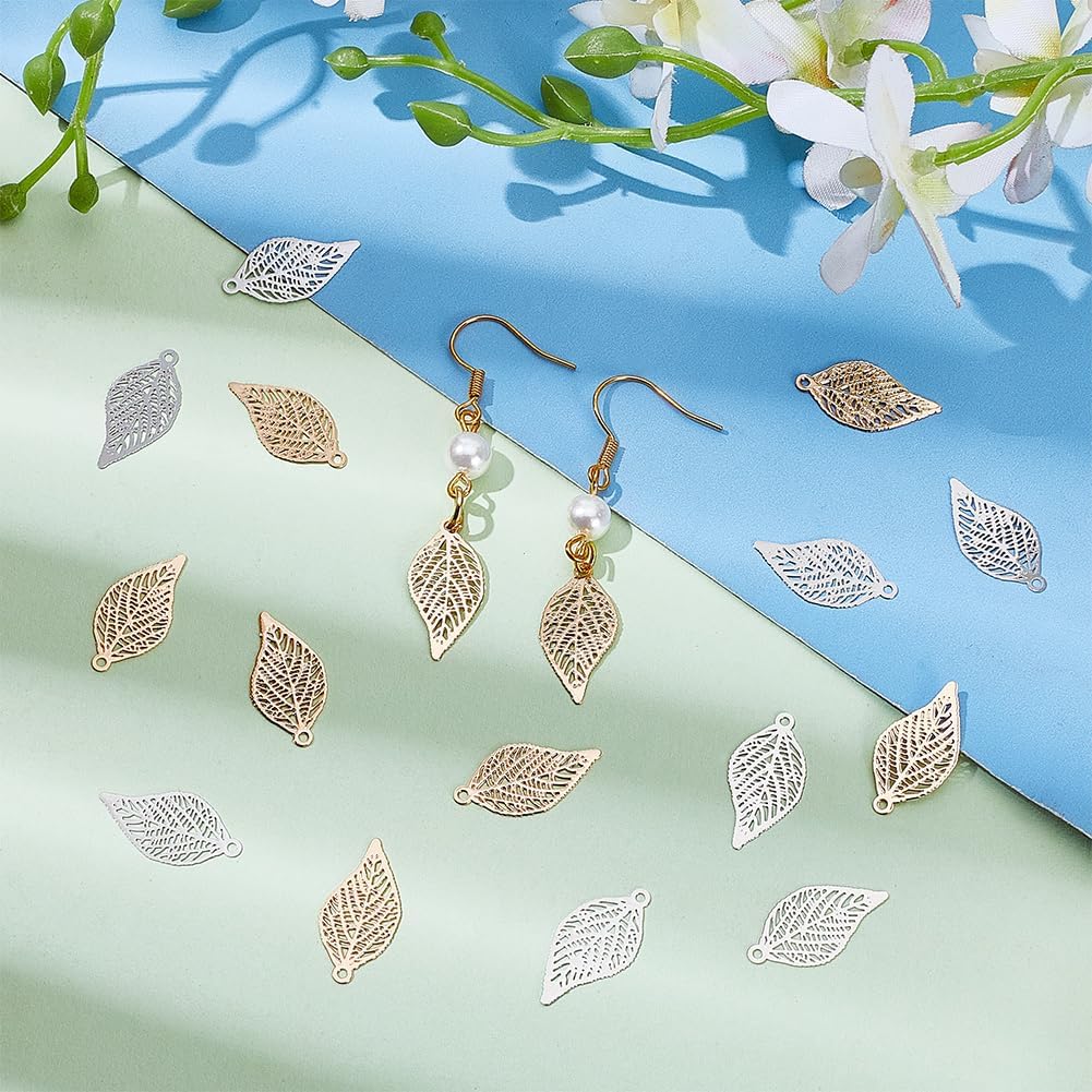 WADORN 120Pcs 2 Colors Hollow Leaf Oranaments Charms, Metal Filigree Leaf Crafts Pendant Tree Leaf Brass Charm Filigree Leaves Connector Pendants for DIY Necklace Earring Jewelry Making Accessories - Image 4