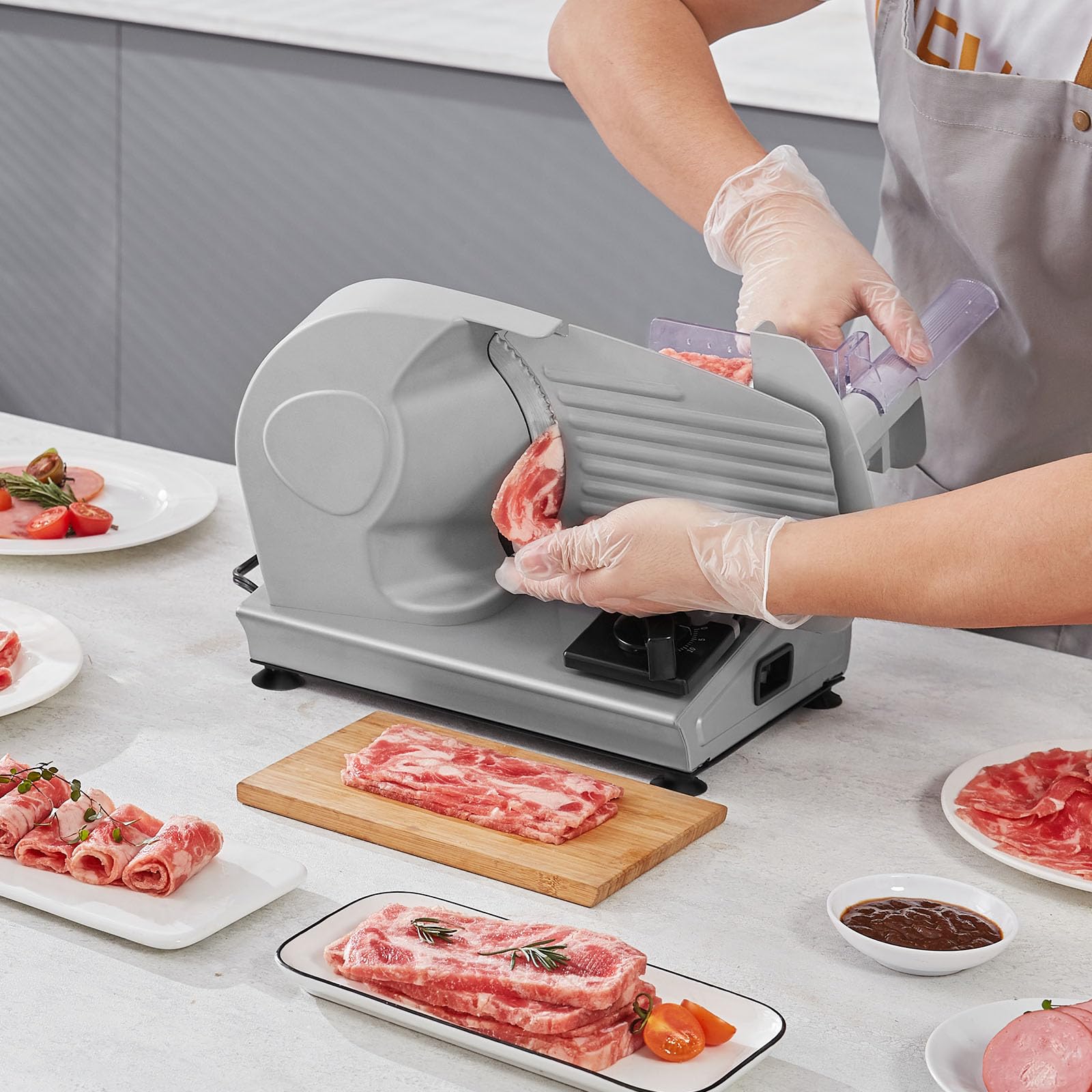 VEVOR Heimgebrauch Fleisch Allesschneider 180 W, 80–120 U/min Elektrische Aufschnittmaschine Lebensmittelschneider mit SUS420 Klingen, 0–15 mm Einstellbare Dicke für Fleisch, Käse usw.