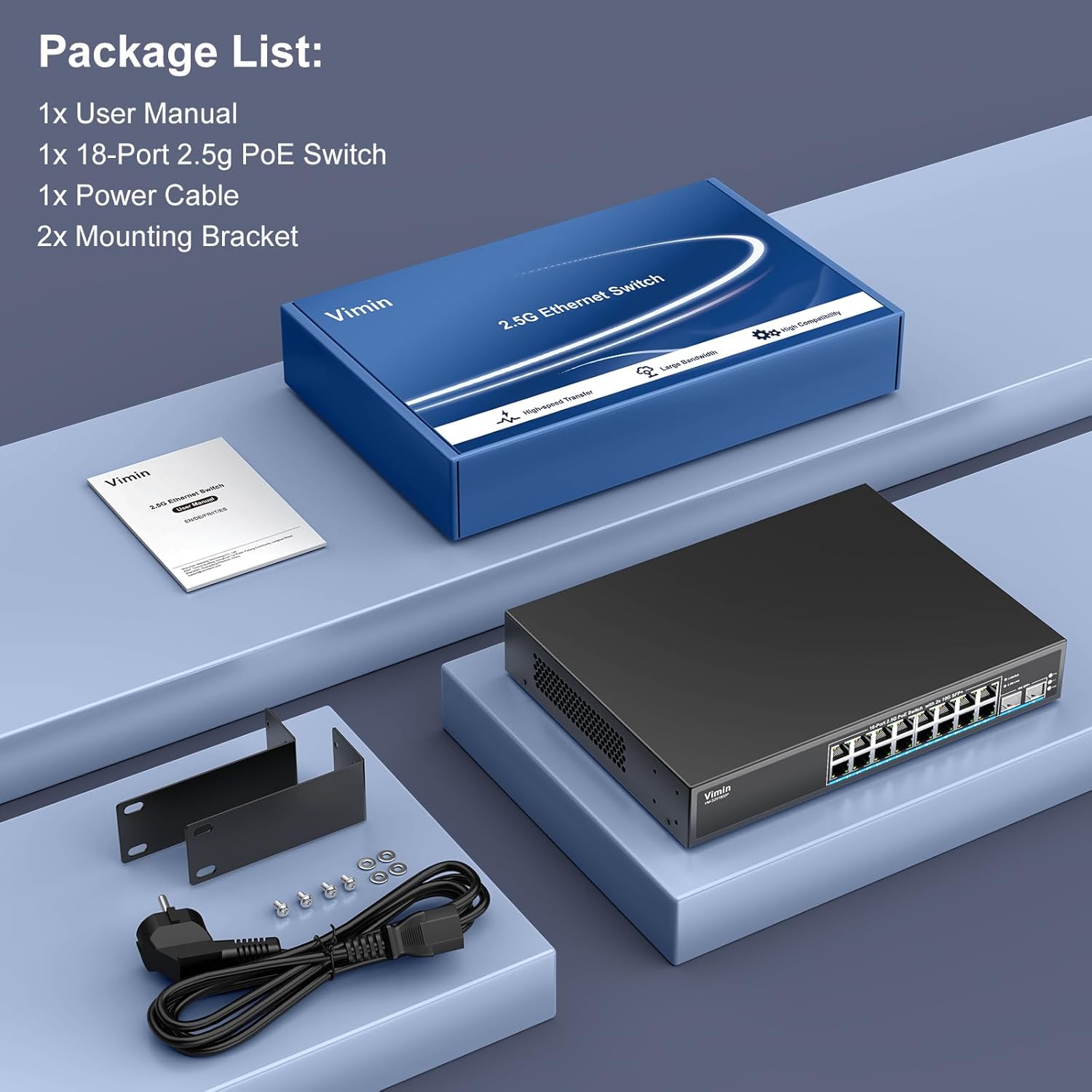 16 Port 2.5G PoE Switch Unmanaged with 2X 10Gbps SFP, VIMIN 16x 2.5G Base-T PoE Ports, 10G SFP PoE Switch w/ 120Gbps Ethernet Switching Capacity, IEEE802.3af/at, 250W, VLAN, Metal Housing, Fanless