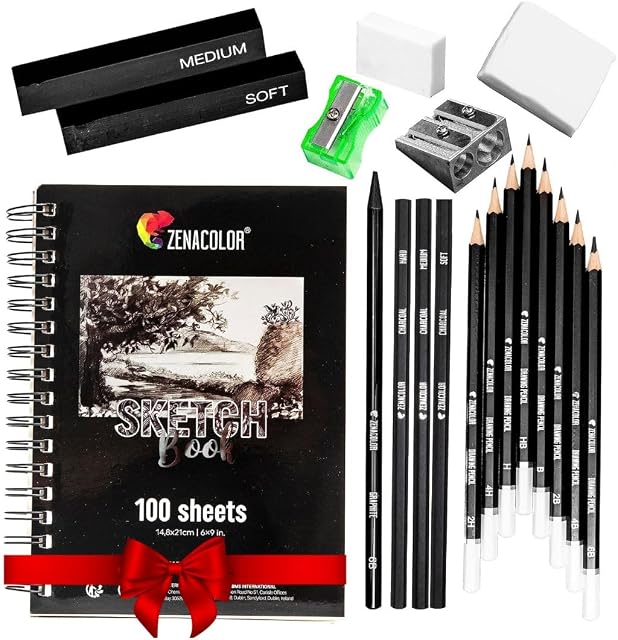 Zenacolor 19-Piece Drawing Kit with Sketchbook – Art Supplies for Beginners & Artists – Includes Drawing Pencils, Charcoal Pencils, Graphite Pencil, Charcoal Sticks, Accessories & 100-Page Sketchbook