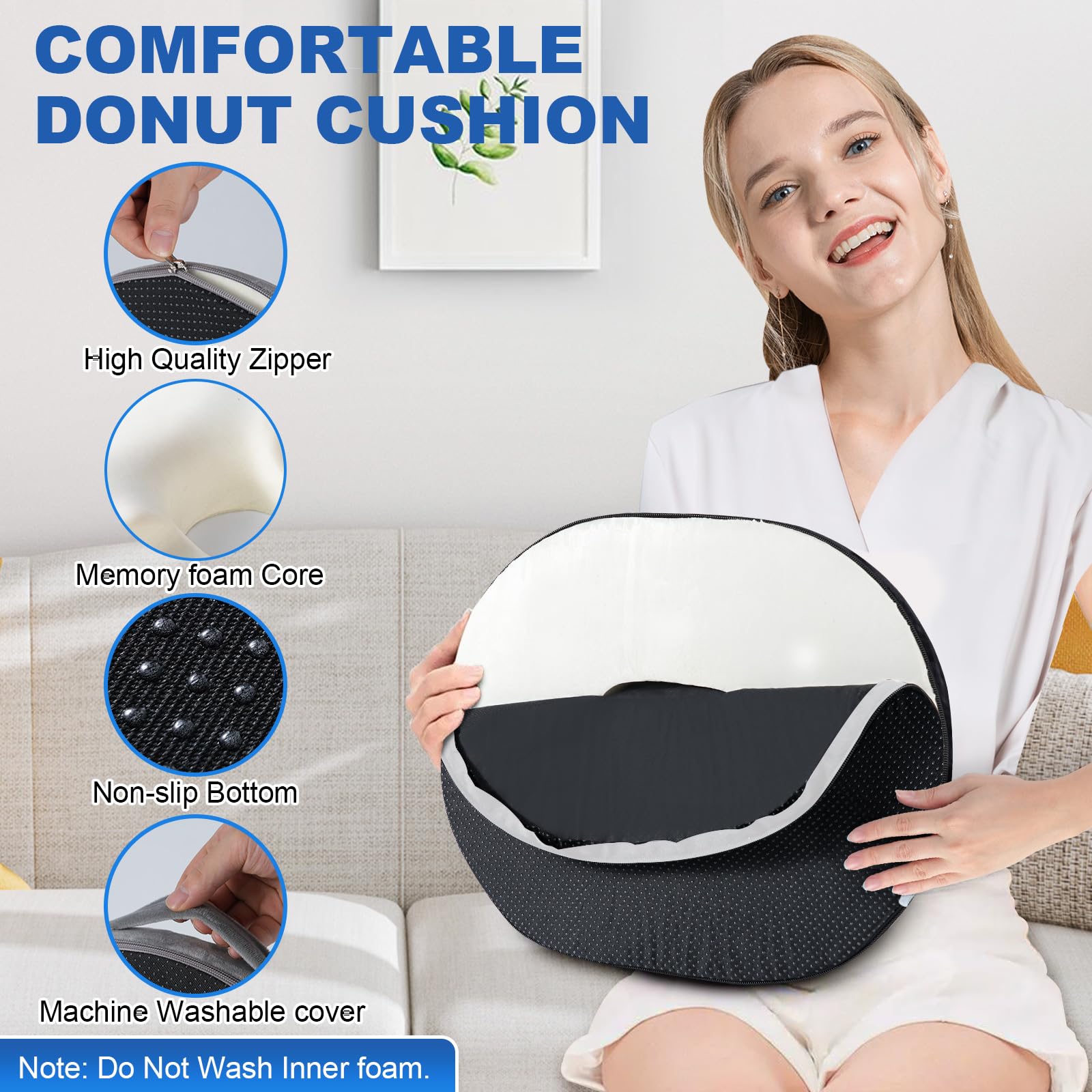Cuscino per sedia a forma di ciambella in memory foam, ergonomico, per ufficio, auto e casa, cuscino per seduta a lunga durata, antiscivolo, rivestimento lavabile (grigio)